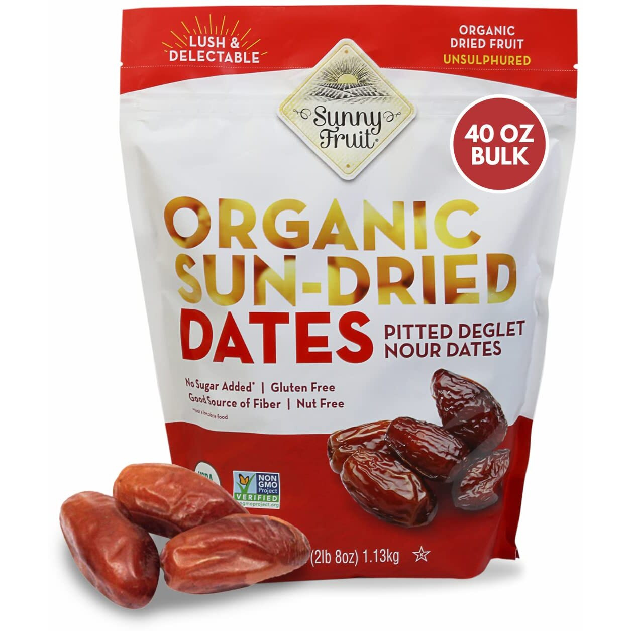 Sunny Fruit Organic Dried Pitted Deglet Nour Dates, 2.5 Pound Bulk Bag | Healthy, Sweet Snack | Organic, Non-Gmo, Vegan, Halal, Kosher, No Preservatives, No Sugar Added