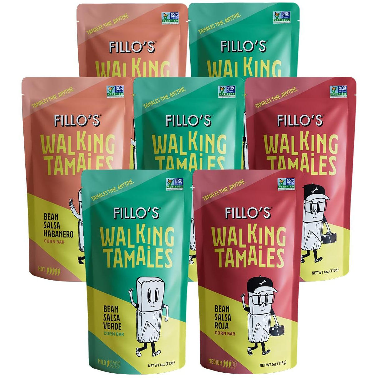 Fillo's Walking Tamales, Savory Variety Pack Of 7, Ready-To-Eat, Delicious, Gluten-Free, Preservative-Free, Vegan Friendly, Microwavable, Non-Gmo (3 Salsa Verde, 2 Salsa Roja, 2 Habanero)