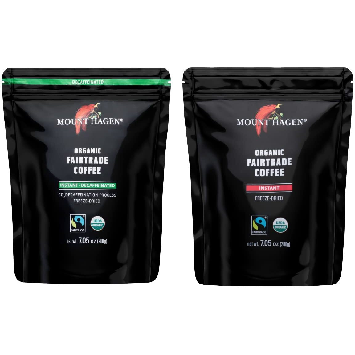 Mount Hagen 7.05Oz Organic Freeze Dried Instant Caffeinated + Decaffeinated Coffee Resealable Pouch Bags - 2 Pack | Eco-Friendly, Fair-Trade Coffee, Medium Roast Arabica Beans [2X7.05Oz]