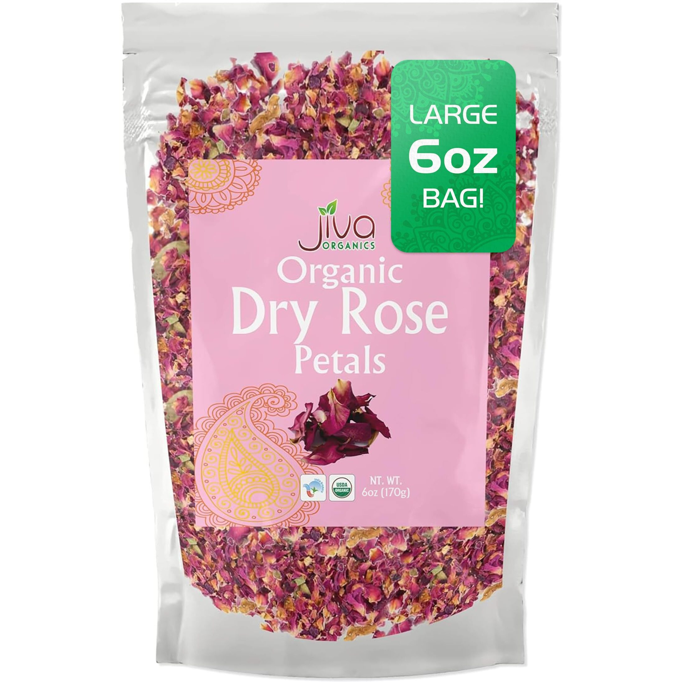 Jiva Usda Organic Dried Red Rose Petals 6 Oz (170G) Large Bag - Food Grade, Edible Flowers - Use In Tea, Baking, Making Rose Water, Crafting, Wedding Confetti