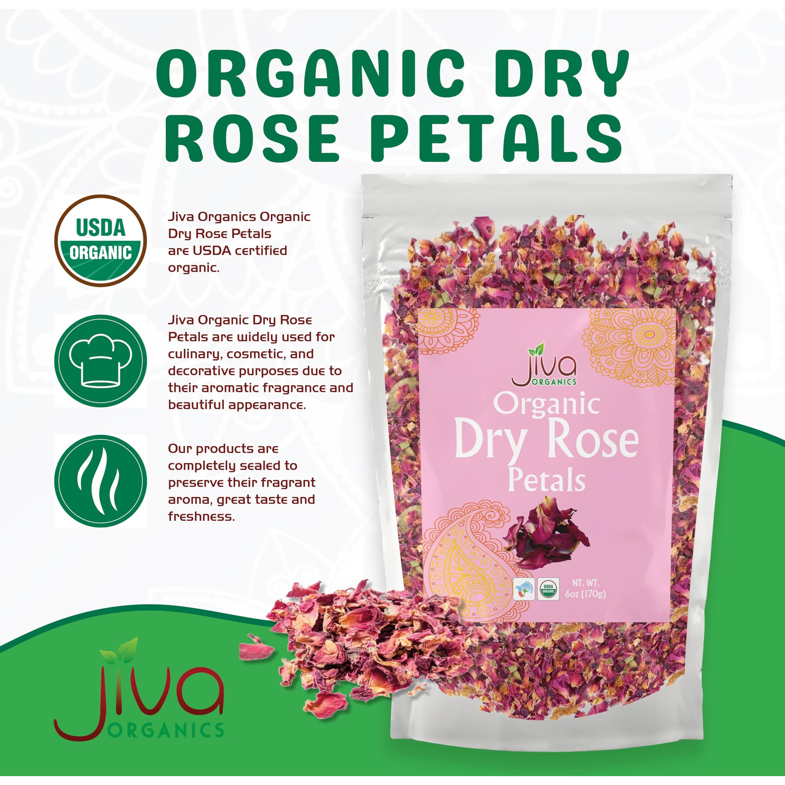 Jiva Usda Organic Dried Red Rose Petals 6 Oz (170G) Large Bag - Food Grade, Edible Flowers - Use In Tea, Baking, Making Rose Water, Crafting, Wedding Confetti