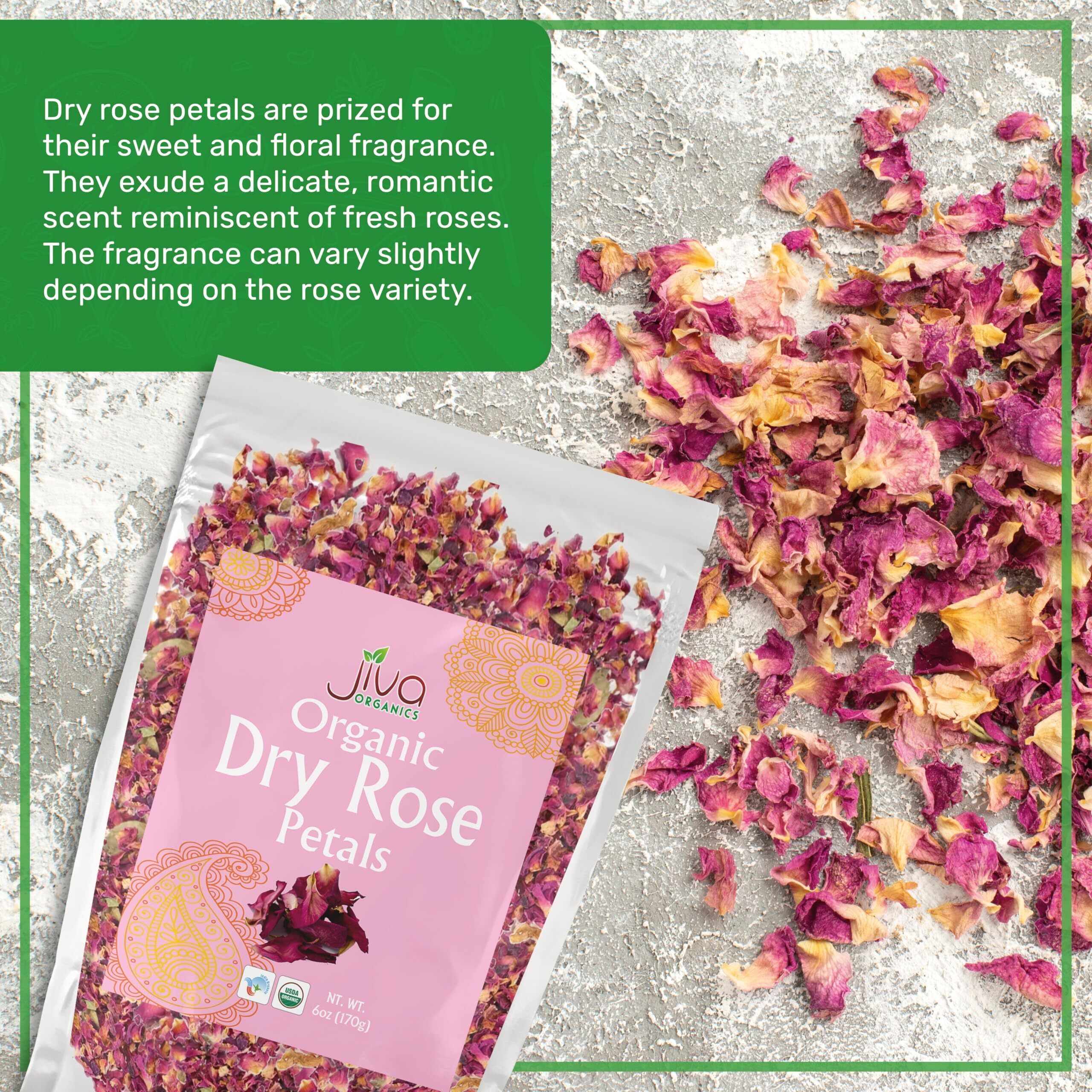 Jiva Usda Organic Dried Red Rose Petals 6 Oz (170G) Large Bag - Food Grade, Edible Flowers - Use In Tea, Baking, Making Rose Water, Crafting, Wedding Confetti
