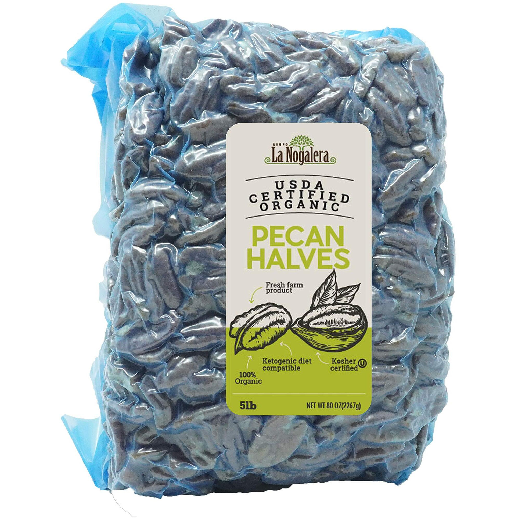 La Nogalera Organic Pecans - Usda Certified Organic Halves In 5 Lbs Vacuum Sealed Bag. Pecan Nut Halves, No Shell, Non-Gmo, No Preservatives, Unpasteurized, Kosher And Halal And Ketogenic Friendly