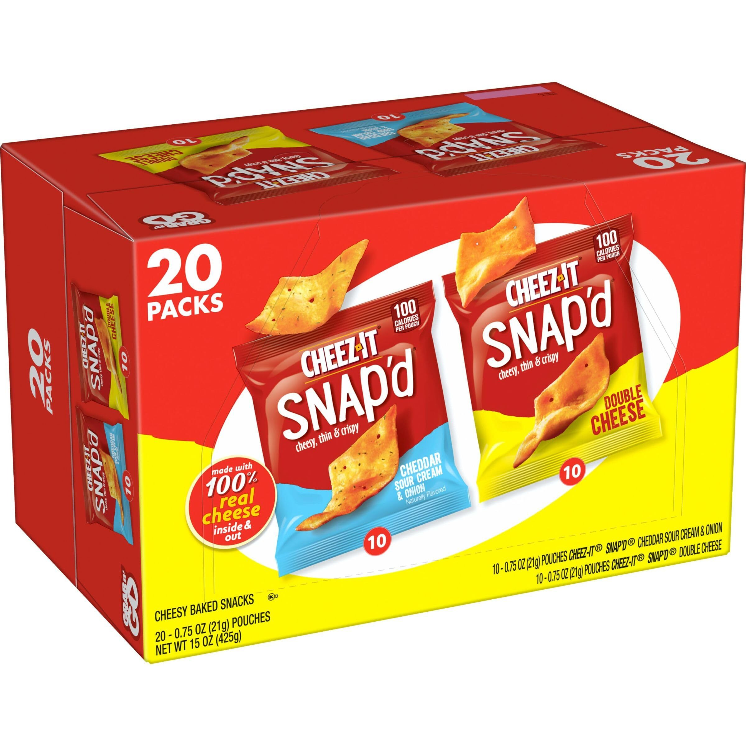 Cheez-It Snap'D Cheese Cracker Chips, Thin Crisps, Lunch Snacks, Variety Pack, 15Oz Box (20 Packs)