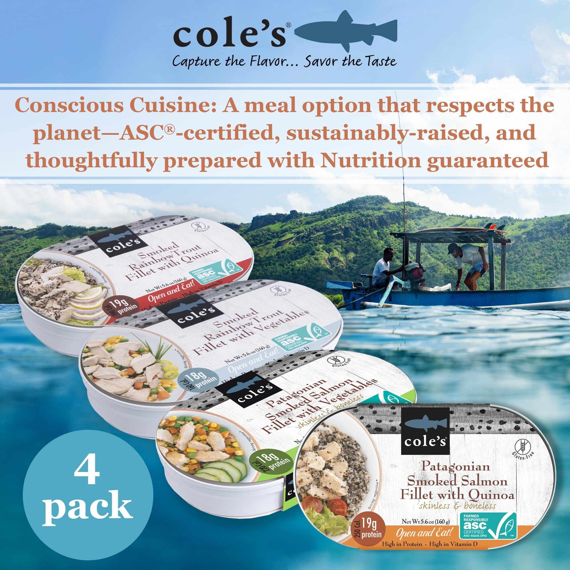 Coles Open & Eat Meals Variety Pack | 5.6 Oz Hand-Packed Smoked Salmon & Trout With Quinoa & Vegetables | Ready To Eat Meals | High Protein, 4 Cans