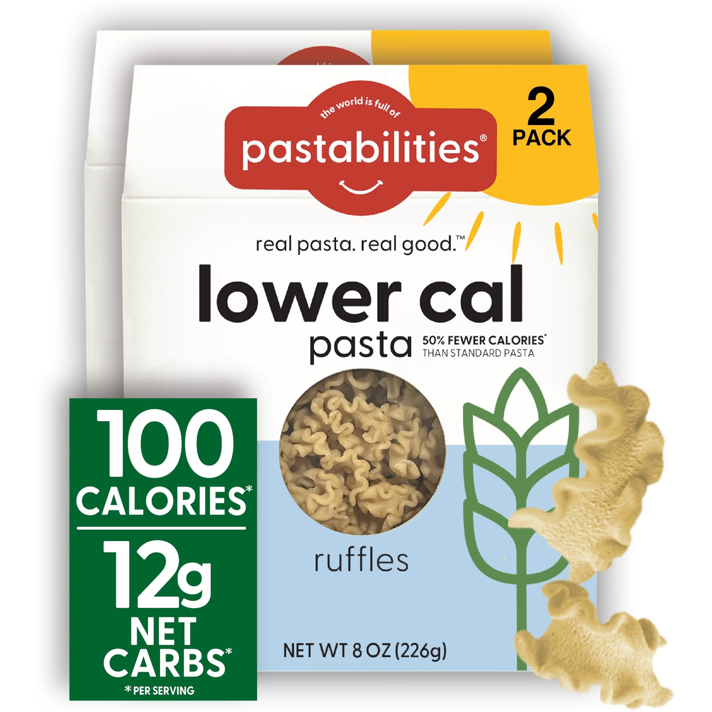 Pastabilities, Lower Calorie Pasta, Ruffles - 100 Calories/Serving Low Net Carbs, Low Calorie, Non-Gmo, High Fiber, Vegan, Plant-Based, Enhanced Nutrients, Delicious Taste & Texture (1 Pound, 1 Pack)