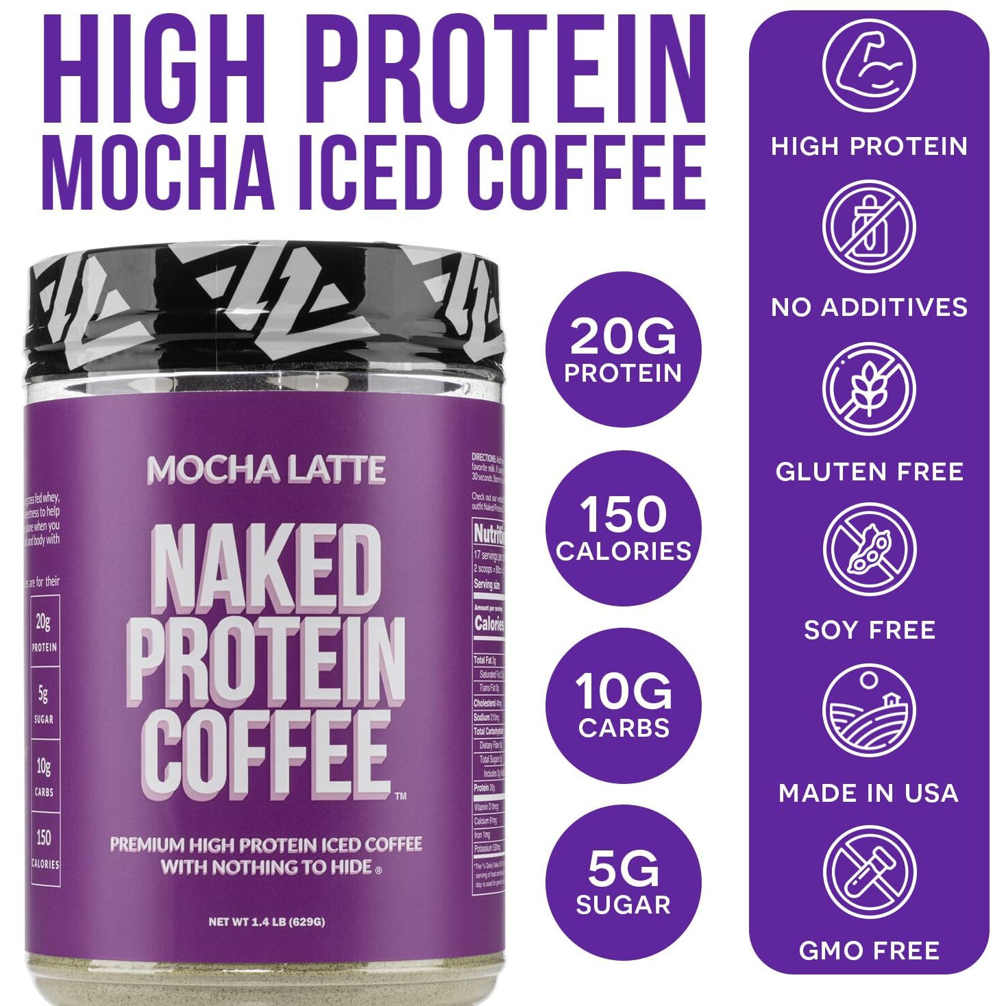 Naked Nutrition Mocha Latte Protein Coffee - Premium Instant Coffee - Protein Shake, Iced Coffee, Protein Drinks, Delicious Keto Friendly And Gluten Free, 17 Servings