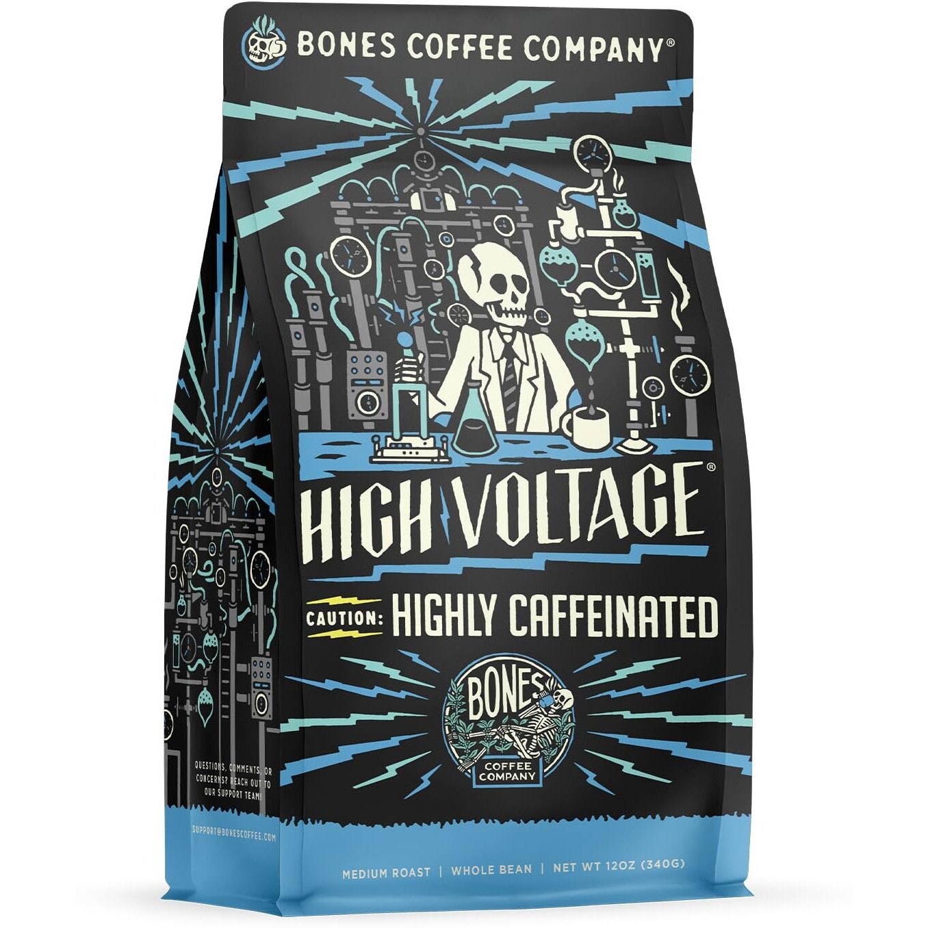 Bones Coffee Company High Voltage Whole Coffee Beans Highly Caffeinated, Low Acid Flavored Coffee, Made With Arabica Coffee Beans, Medium Roast Gourmet Coffee, Coffee Lover Gift Ideas (12 Oz)