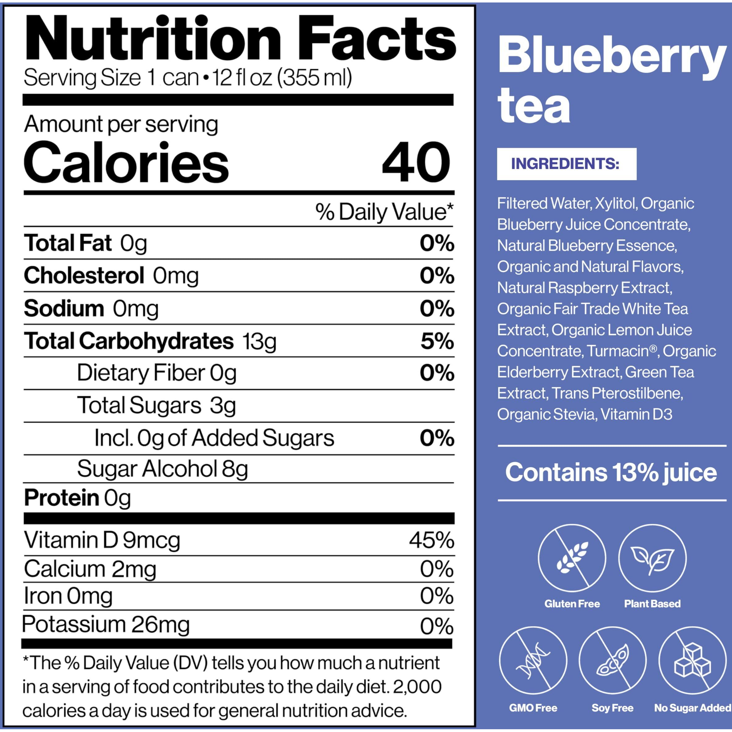 Happy Being Nutrient-Rich Organic Blueberry White Tea - Infused With Turmeric, Elderberry, Vitamin D3, Caffeine Free, Plant-Based, Low Calorie & Low Sugar Drinks, 12Oz (4 Pack)