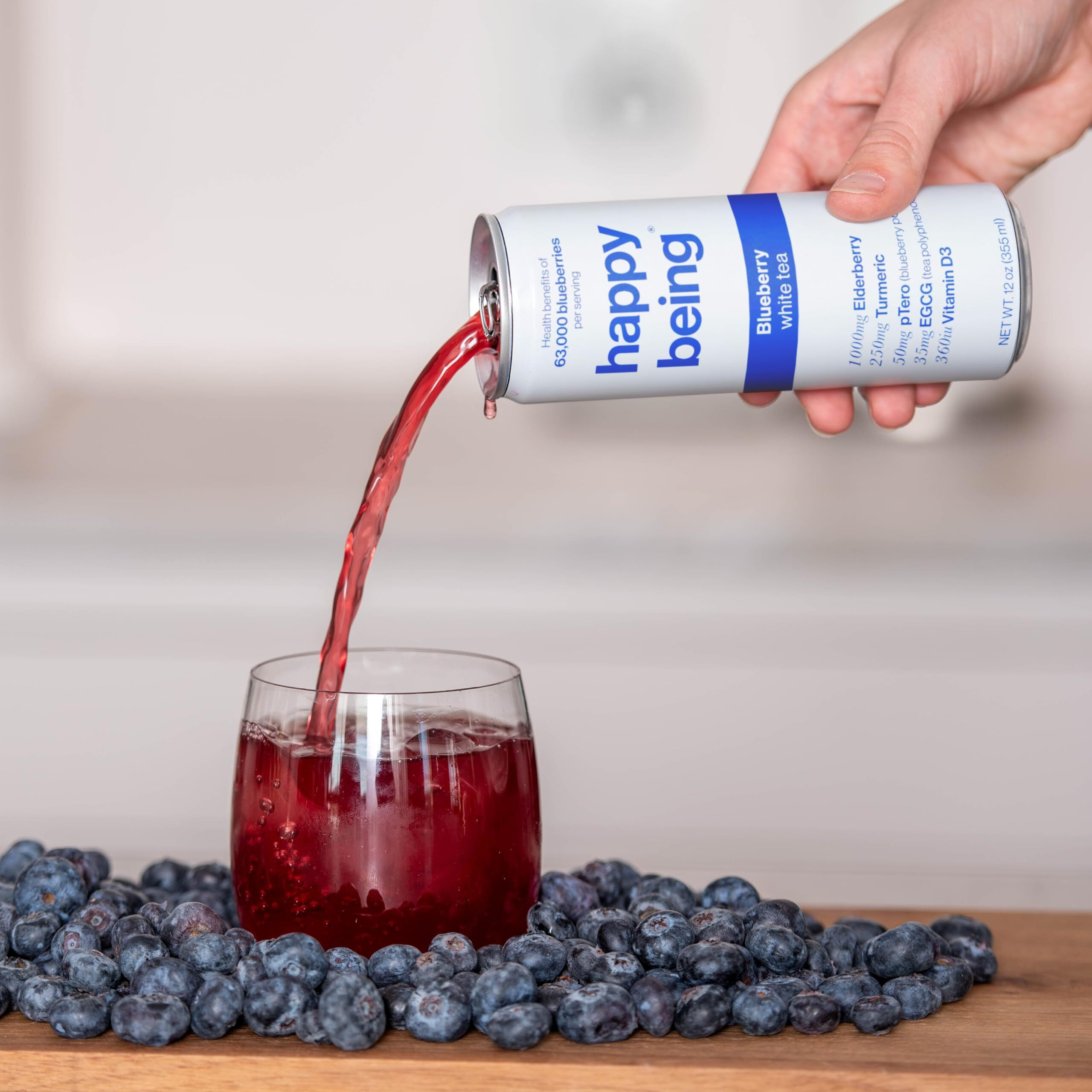 Happy Being Nutrient-Rich Organic Blueberry White Tea - Infused With Turmeric, Elderberry, Vitamin D3, Caffeine Free, Plant-Based, Low Calorie & Low Sugar Drinks, 12Oz (4 Pack)
