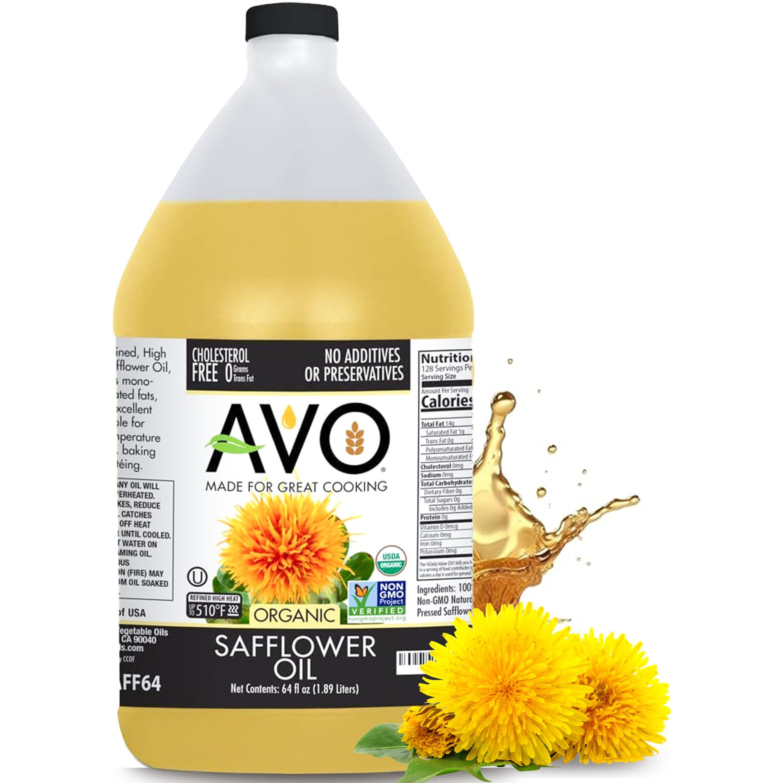 Avo Organic 100% High Oleic Safflower Oil Frying, Baking, Non-Stick Saut  Ing, Salads, Vinaigrette, Marinades, Pan Coating, General Cooking 64 Fl-Oz (Half A Gallon), No Preservatives Added, Naturally Processed