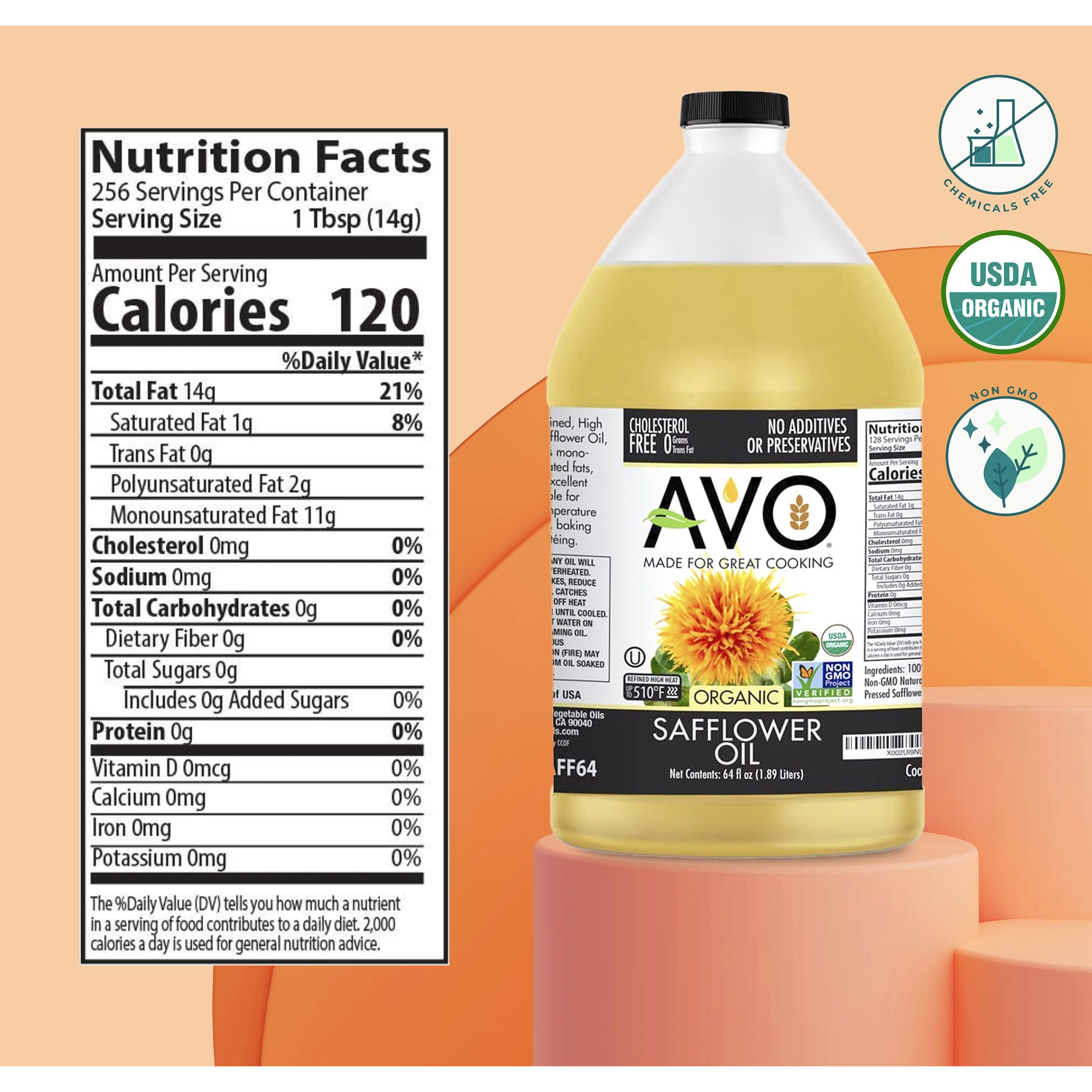 Avo Organic 100% High Oleic Safflower Oil Frying, Baking, Non-Stick Saut  Ing, Salads, Vinaigrette, Marinades, Pan Coating, General Cooking 64 Fl-Oz (Half A Gallon), No Preservatives Added, Naturally Processed