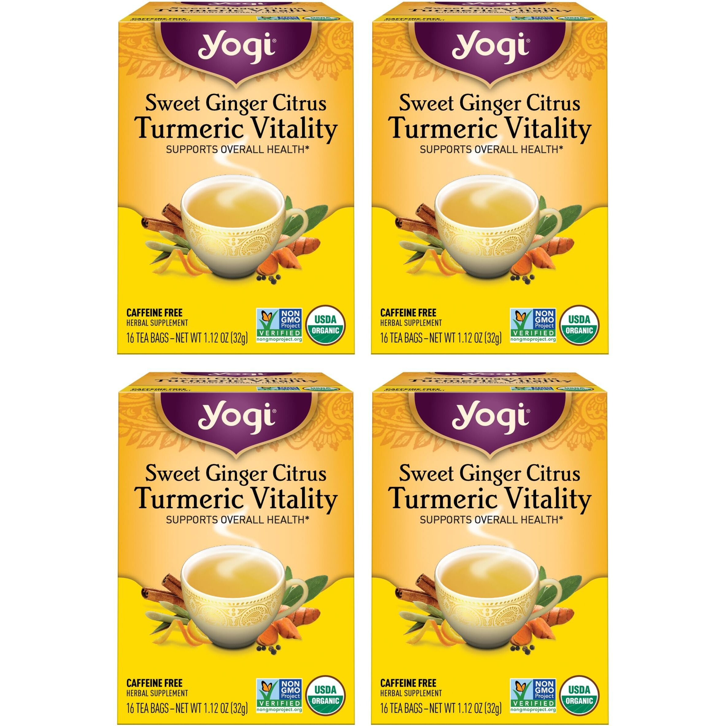 Yogi Tea Sweet Ginger Citrus Turmeric Vitality Tea - 16 Tea Bags Per Pack (4 Packs) - Organic Ginger Turmeric Tea - Supports Well-Being - Includes Turmeric Root, Ginger Root, Cinnamon Bark & More