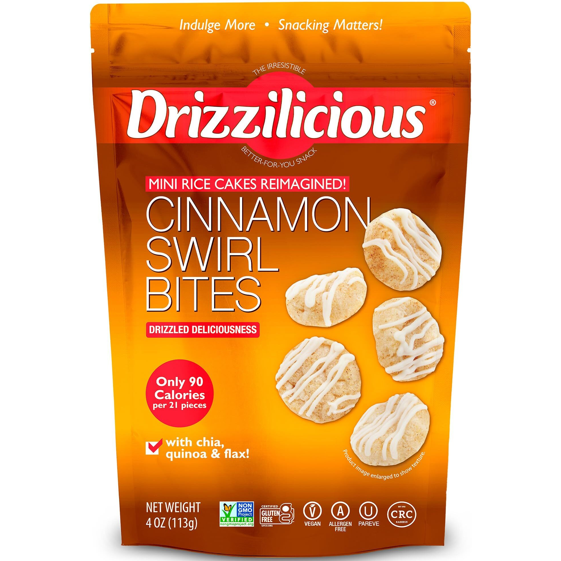 Drizzilicious Mini Rice Cakes Cinnamon Swirl - Rice Crisps, Healthy Snack For Adults And Kids, Flavored Rice Cakes, Vegan, Gluten Free, Allergen Free, Only 90 Calories Per Serving - 4 Oz (Pack Of 6)