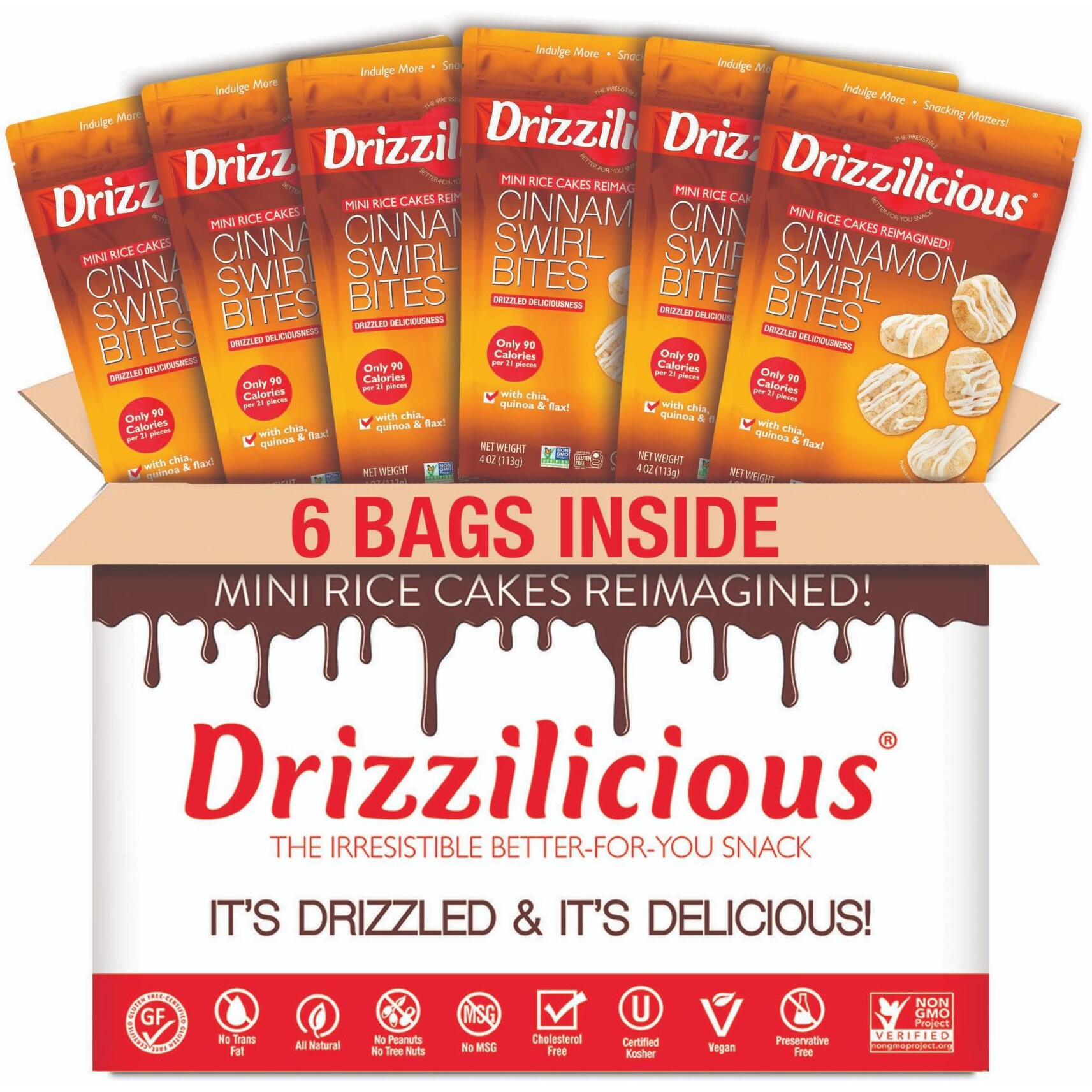 Drizzilicious Mini Rice Cakes Cinnamon Swirl - Rice Crisps, Healthy Snack For Adults And Kids, Flavored Rice Cakes, Vegan, Gluten Free, Allergen Free, Only 90 Calories Per Serving - 4 Oz (Pack Of 6)