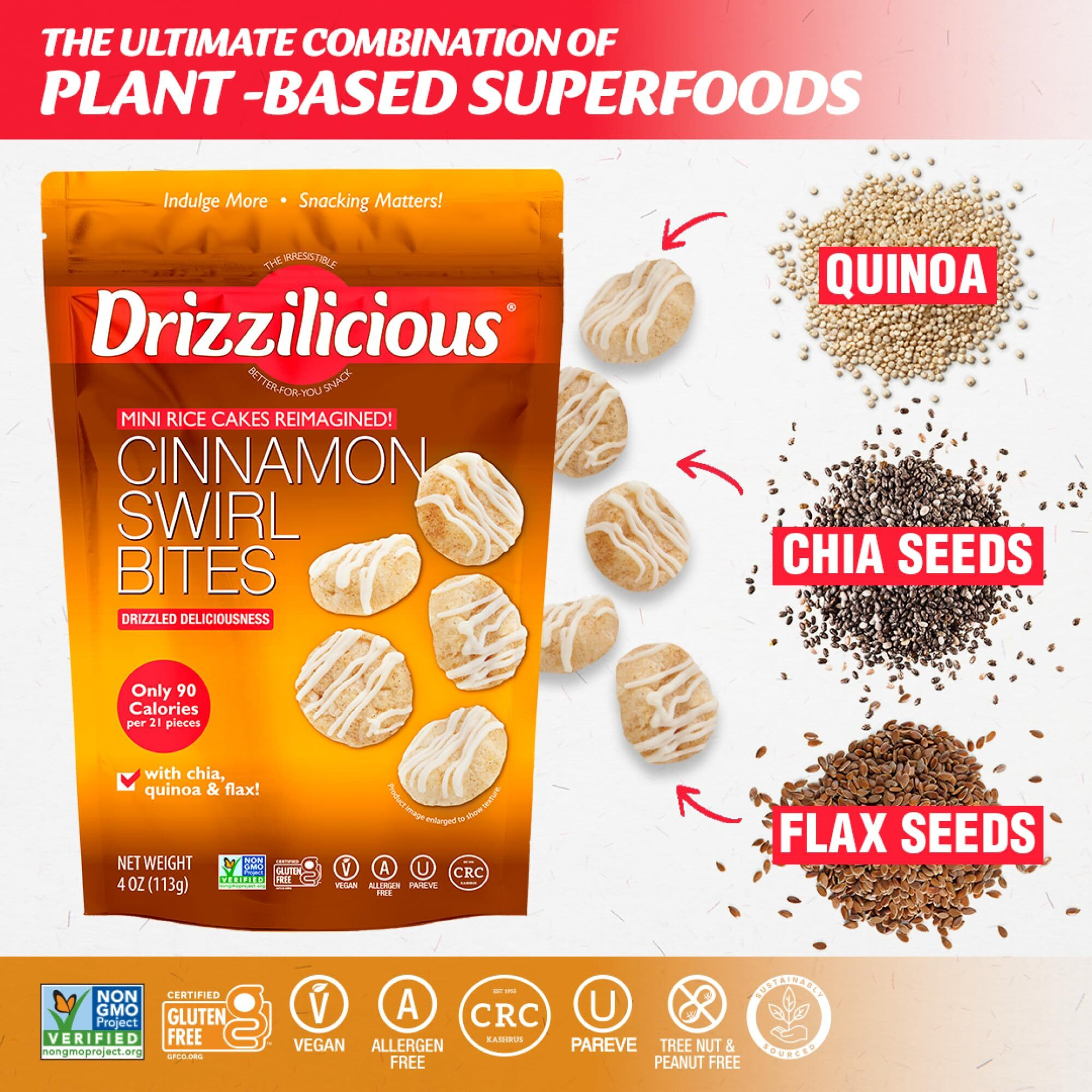 Drizzilicious Mini Rice Cakes Cinnamon Swirl - Rice Crisps, Healthy Snack For Adults And Kids, Flavored Rice Cakes, Vegan, Gluten Free, Allergen Free, Only 90 Calories Per Serving - 4 Oz (Pack Of 6)