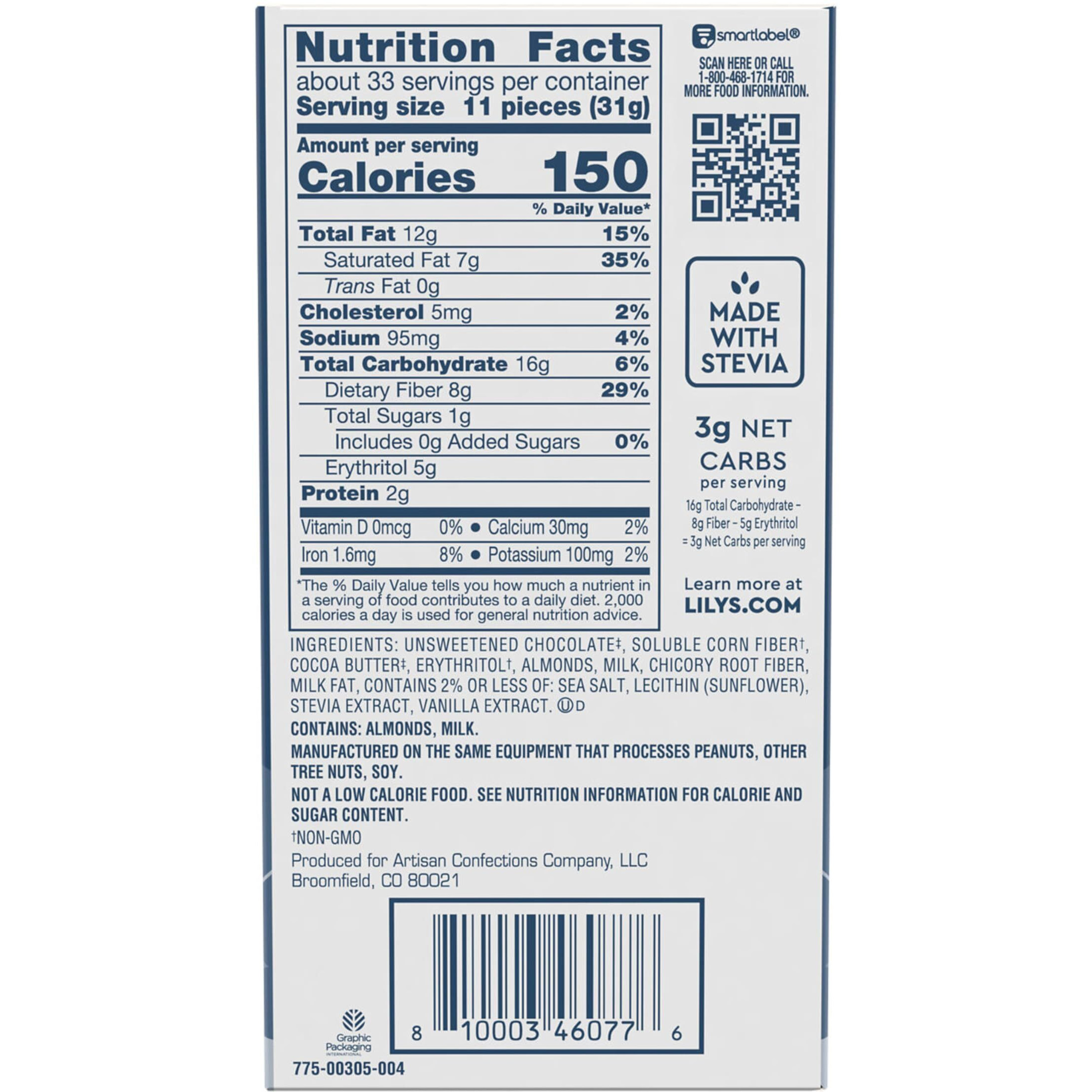 Lily's Salted Almond Milk Chocolate Style No Sugar Added, Sweets Bars, 3 Oz (12 Count)