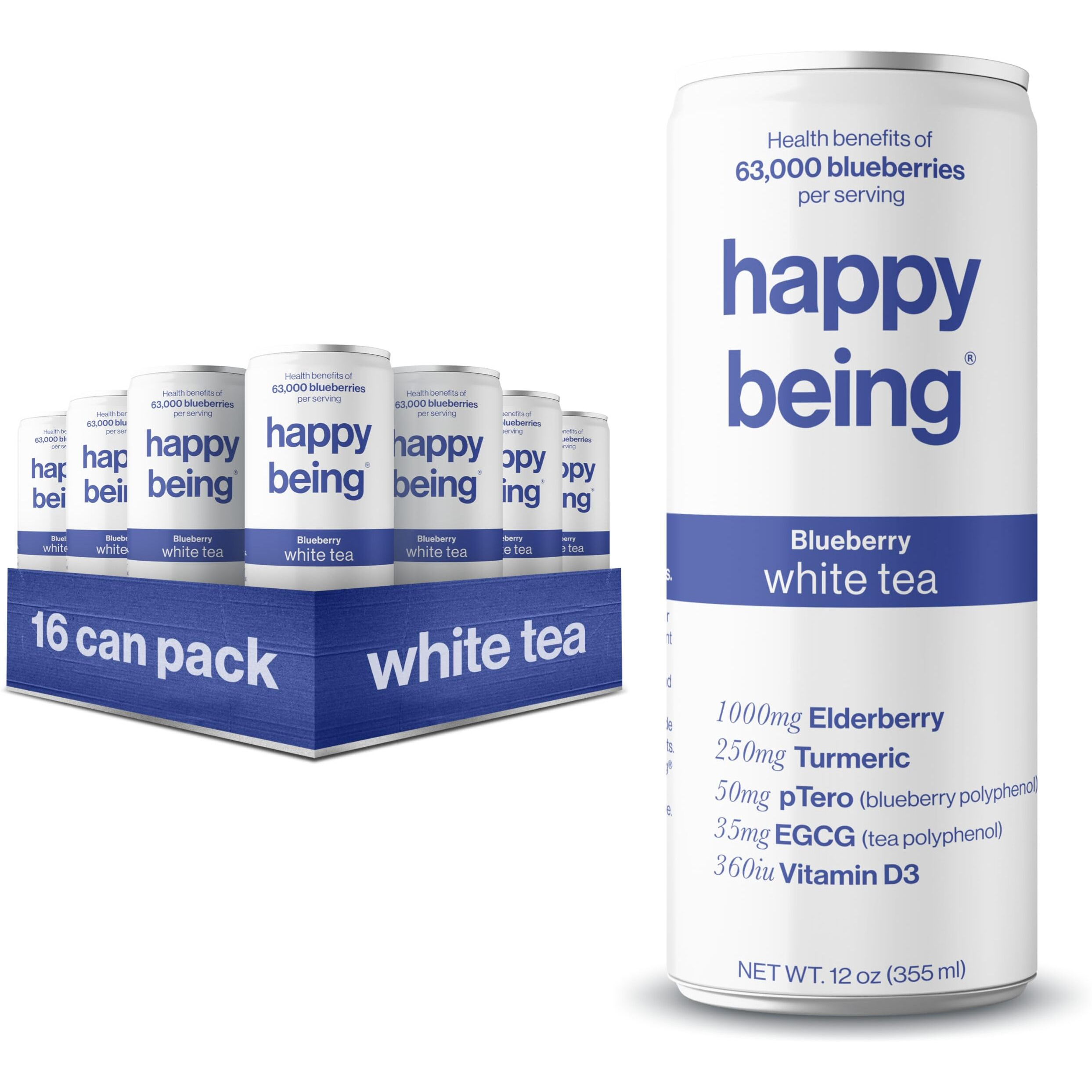 Happy Being Nutrient-Rich Blueberry White Tea - Infused With Turmeric, Elderberry, Vitamin D3, Caffeine Free, Plant-Based, Low Calorie & Low Sugar Drinks, 12Oz (16 Pack)