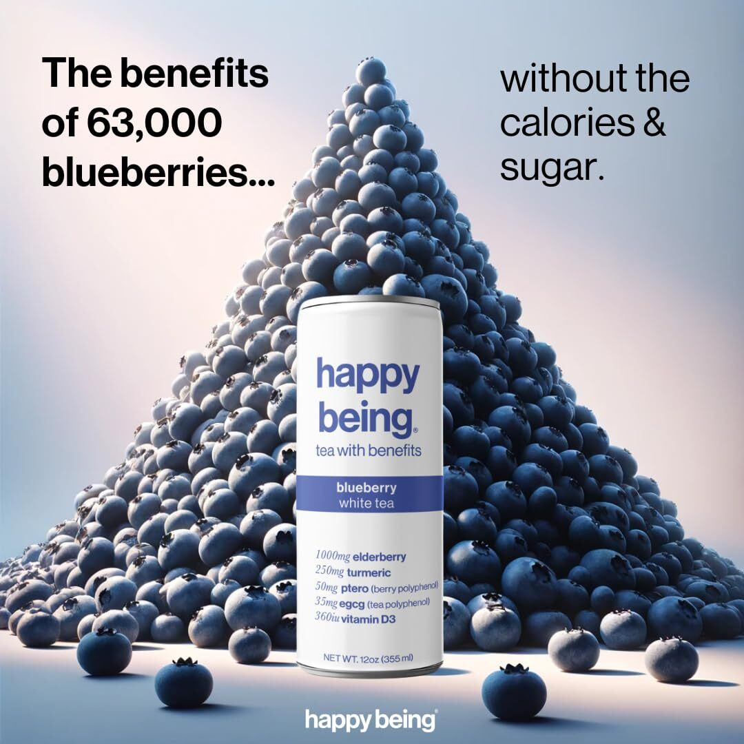 Happy Being Nutrient-Rich Blueberry White Tea - Infused With Turmeric, Elderberry, Vitamin D3, Caffeine Free, Plant-Based, Low Calorie & Low Sugar Drinks, 12Oz (16 Pack)