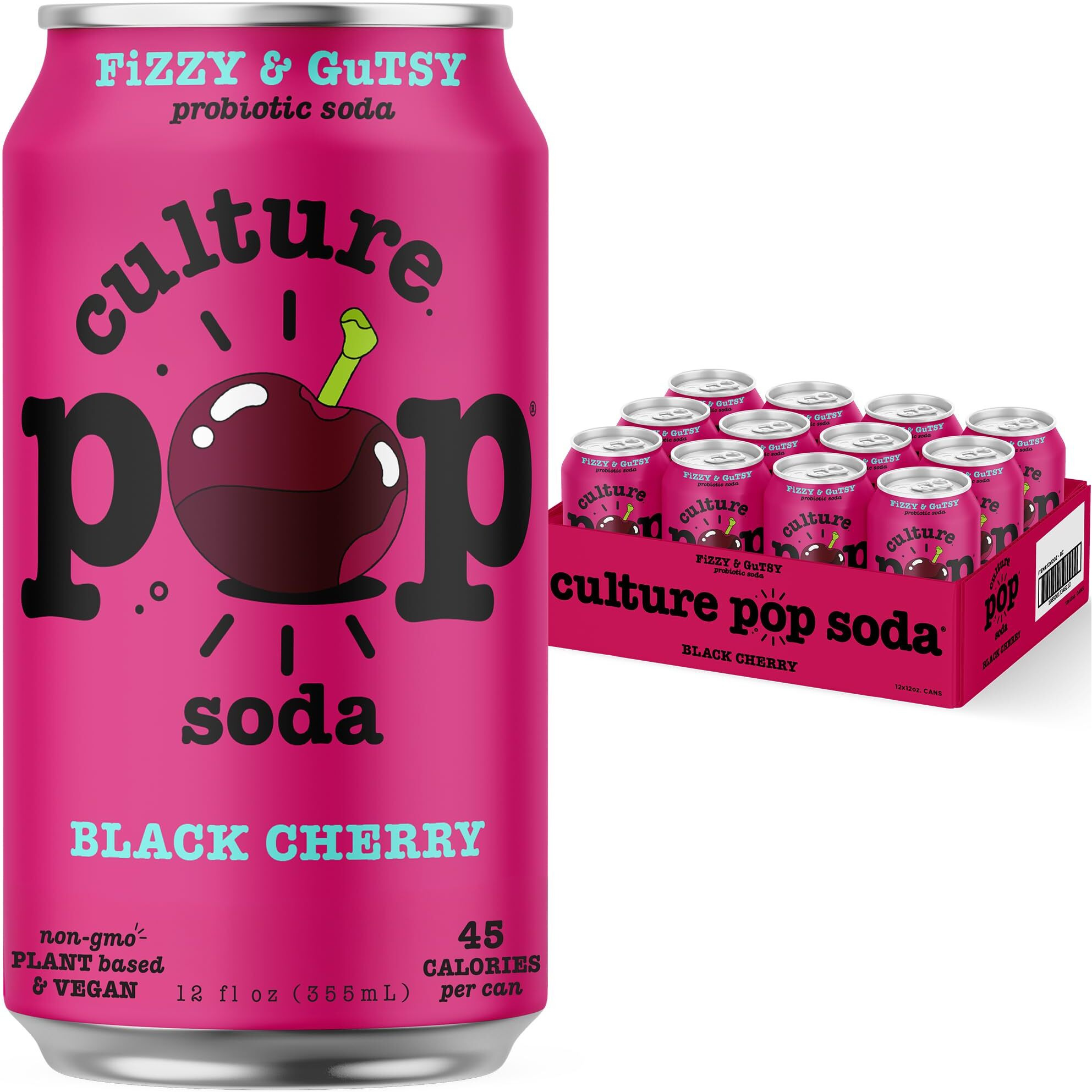 Culture Pop Soda Sparkling Probiotic Drink, Vegan Soda For Gut Health, Non-Gmo, Gf, No Added Sugar, 12 Pack, 12 Fl Oz Cans, Black Cherry