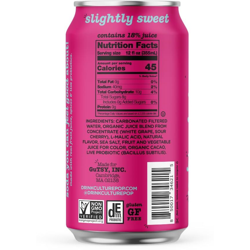 Culture Pop Soda Sparkling Probiotic Drink, Vegan Soda For Gut Health, Non-Gmo, Gf, No Added Sugar, 12 Pack, 12 Fl Oz Cans, Black Cherry