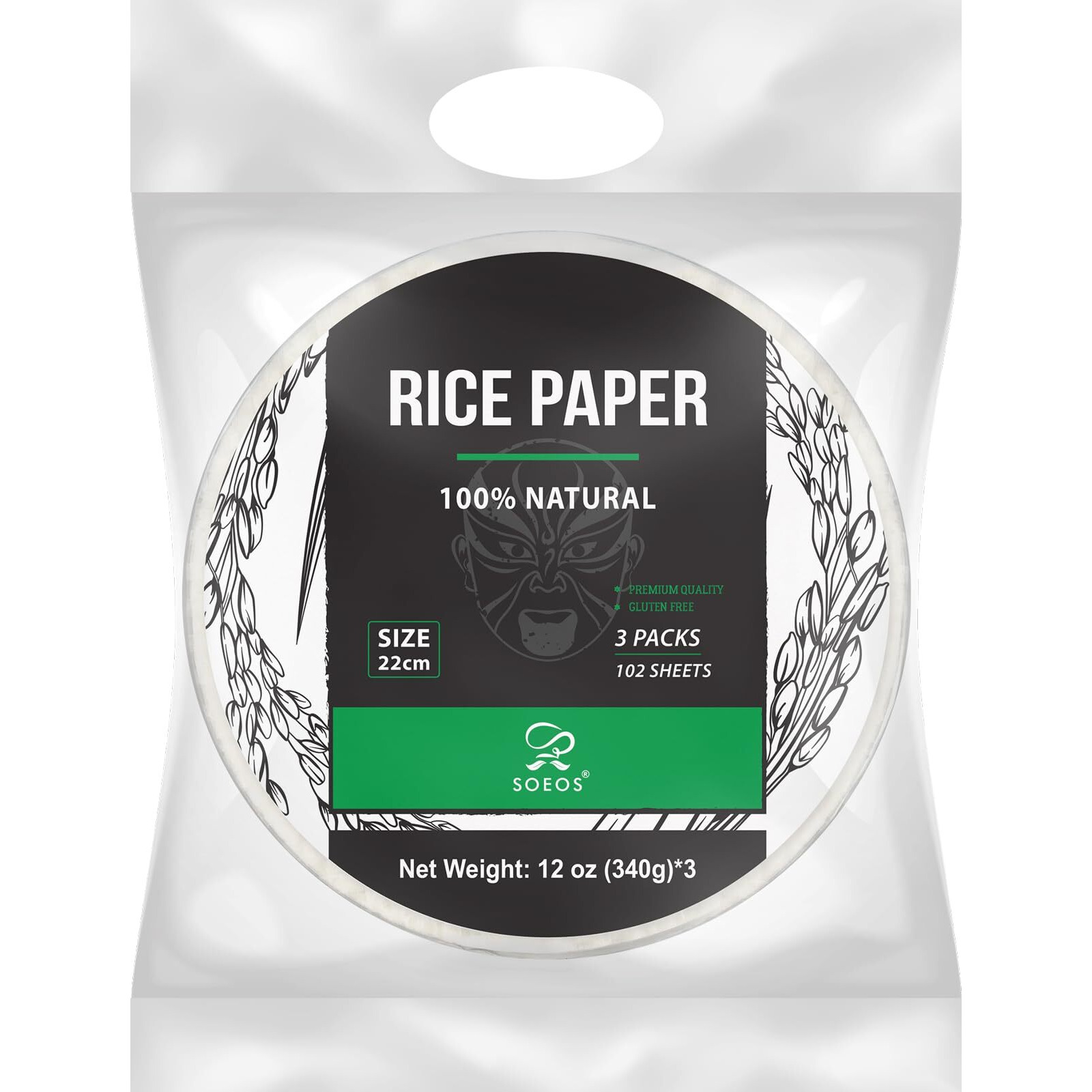 Soeos Rice Paper, White Rice Paper Wrappers, 3 Pack, 102 Sheets-Fresh Spring Roll Wrappers & Dumplings, Non-Gmo, Gluten-Free, Low Carb, Vietnamese Rice Wraps (Round, 22Cm)