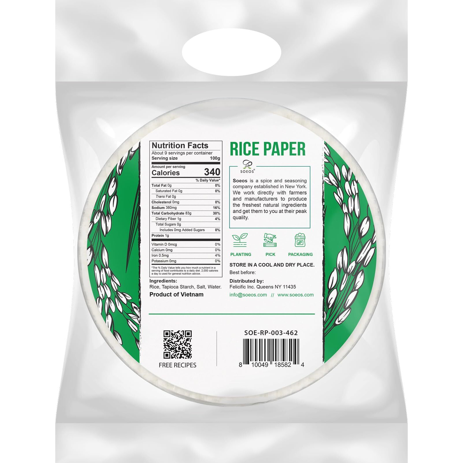 Soeos Rice Paper, White Rice Paper Wrappers, 3 Pack, 102 Sheets-Fresh Spring Roll Wrappers & Dumplings, Non-Gmo, Gluten-Free, Low Carb, Vietnamese Rice Wraps (Round, 22Cm)