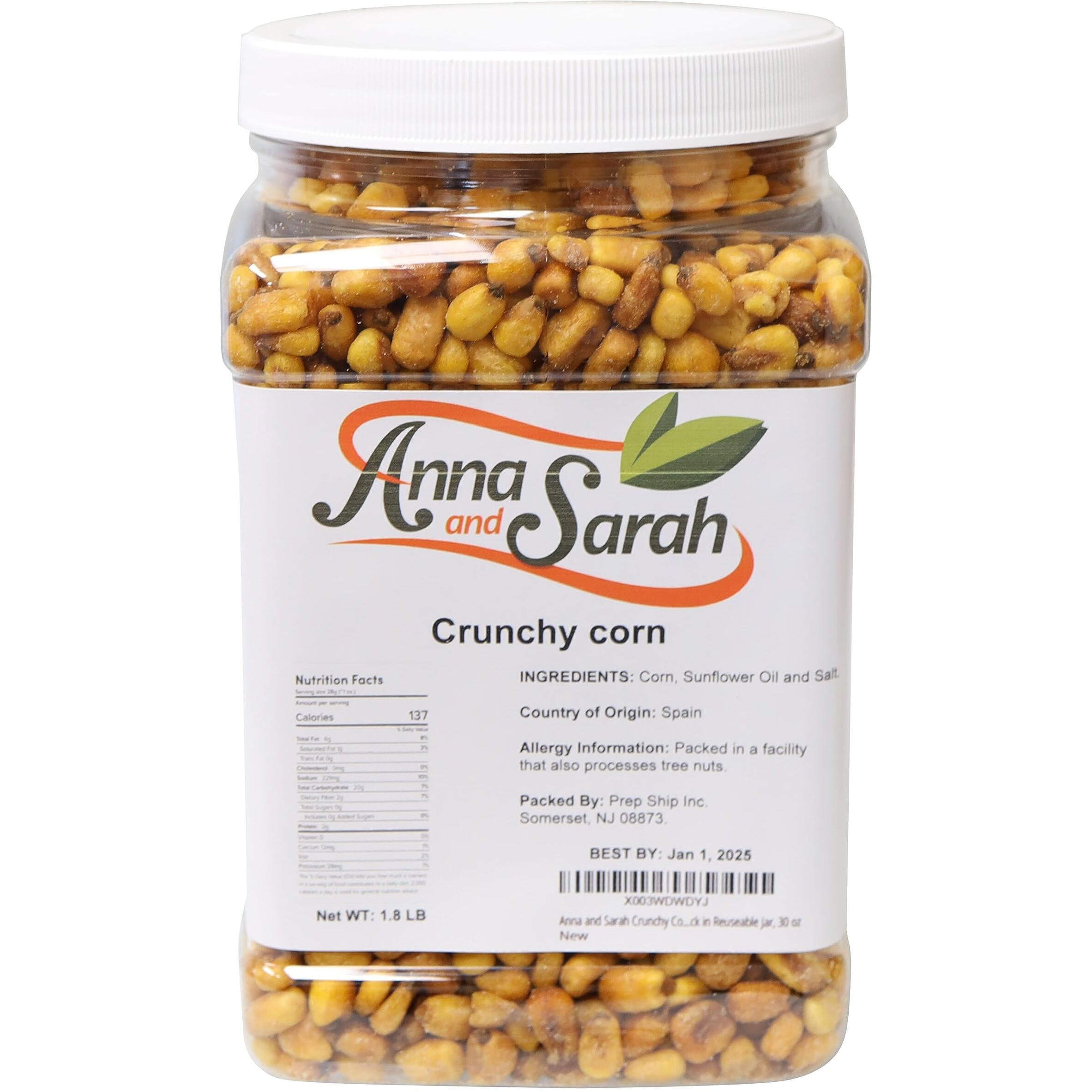 Anna And Sarah Crunchy Corn- Roasted And Salted Corn Nuts-Natural Cravings - Original Toasted Corn Kernels Crunchy Snack In Reuseable Jar, 30 Oz