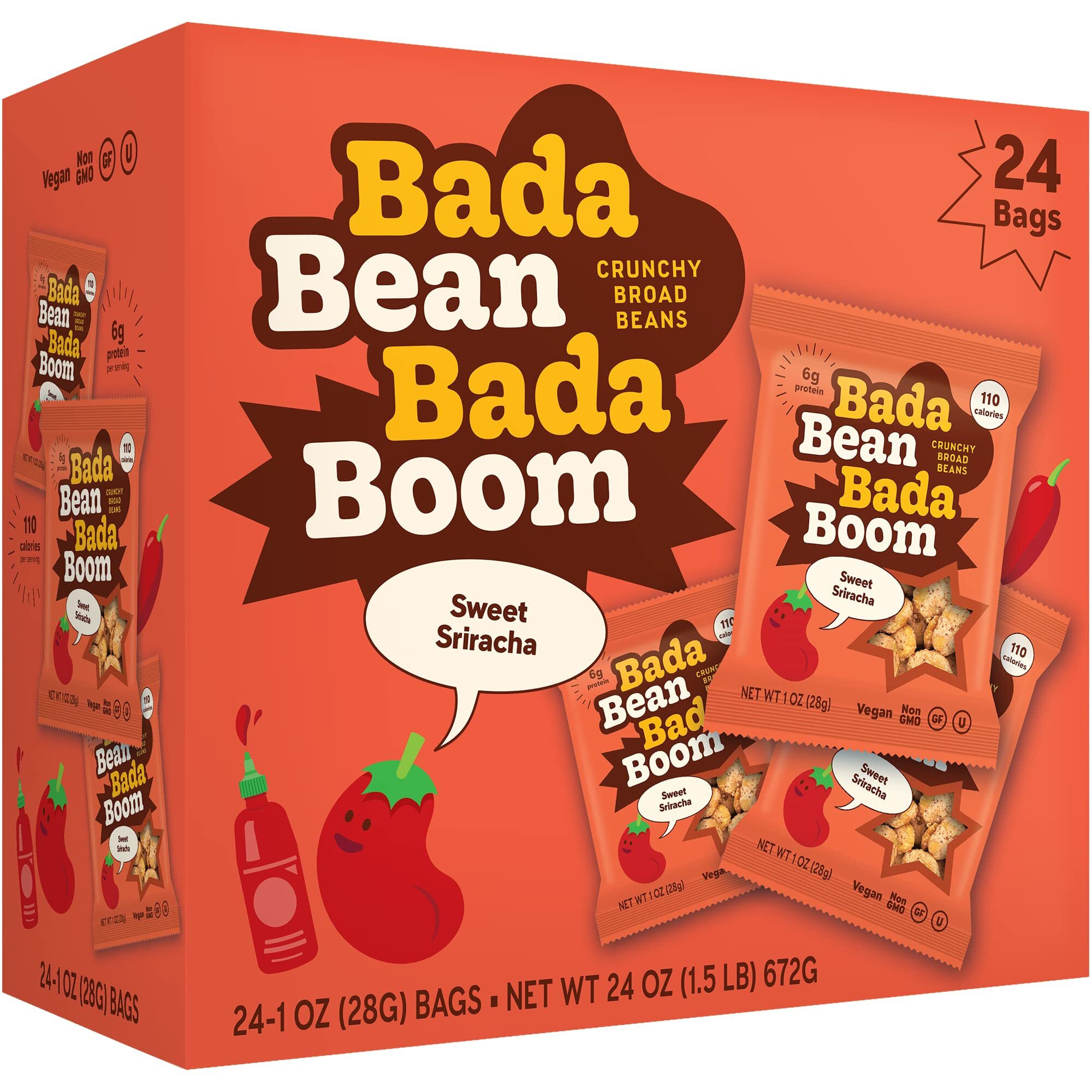 Enlightened Bada Bean Bada Boom - Plant-Based Protein, Gluten Free, Vegan, Crunchy Roasted Broad (Fava) Bean Snacks, 110 Calories Per Serving, Sriracha, 1 Oz, 24 Pack