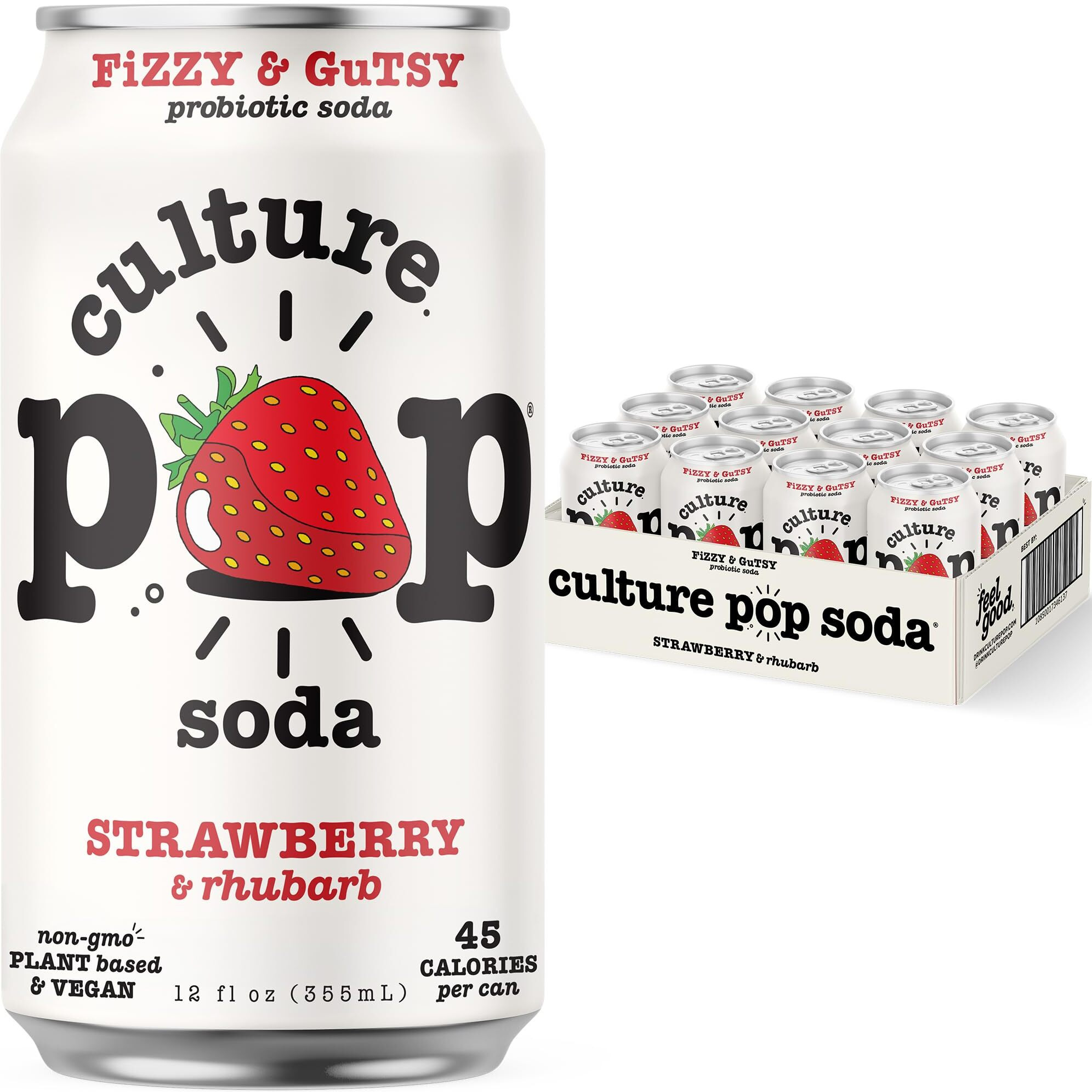 Culture Pop Soda Sparkling Probiotic Drink, Vegan Soda For Gut Health, Non-Gmo, Gf, No Added Sugar, 12 Pack, 12 Fl Oz Cans, Strawberry