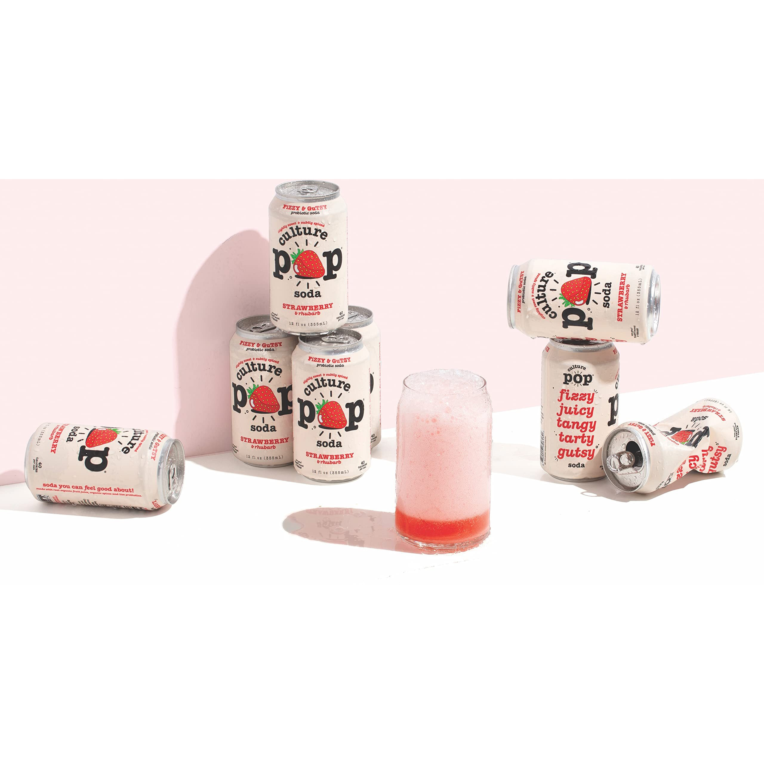 Culture Pop Soda Sparkling Probiotic Drink, Vegan Soda For Gut Health, Non-Gmo, Gf, No Added Sugar, 12 Pack, 12 Fl Oz Cans, Strawberry
