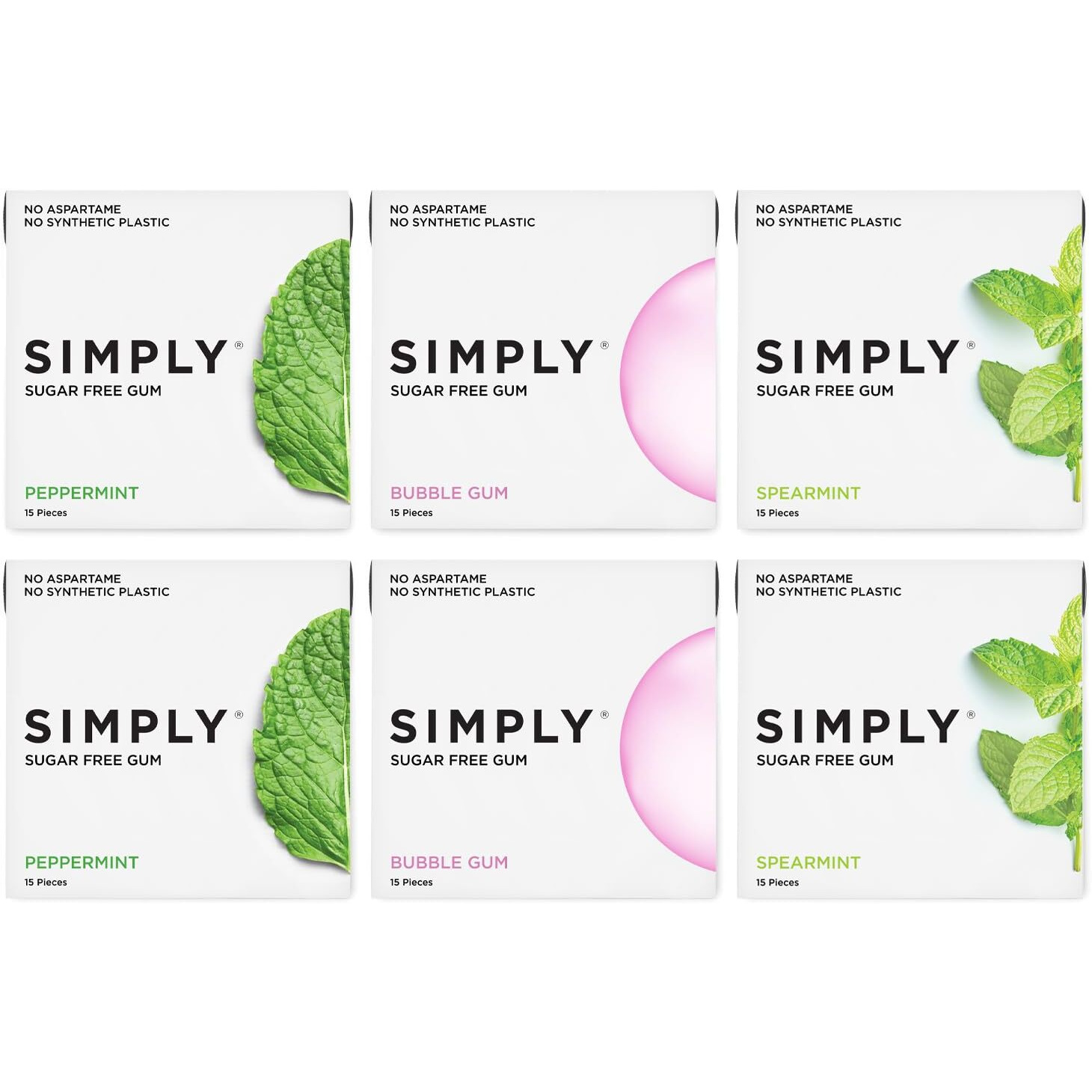 Simply Gum | Sugar Free Xylitol Chewing Gum | Variety Pack- Bubblegum, Peppermint, Spearmint | Pack Of Six (90 Pieces Total) | Synthetic Free + Sugar Free + Aspartame Free