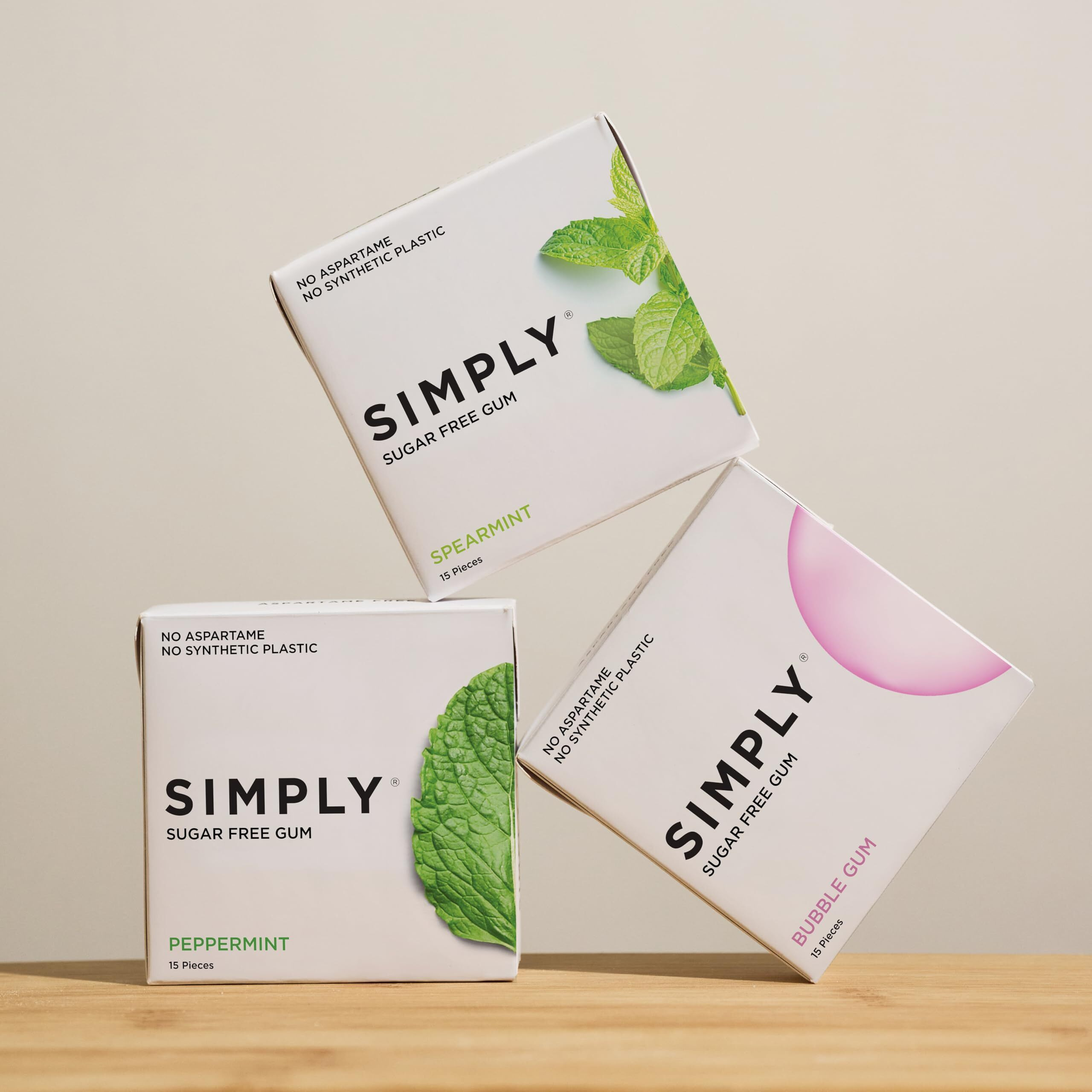 Simply Gum | Sugar Free Xylitol Chewing Gum | Variety Pack- Bubblegum, Peppermint, Spearmint | Pack Of Six (90 Pieces Total) | Synthetic Free + Sugar Free + Aspartame Free