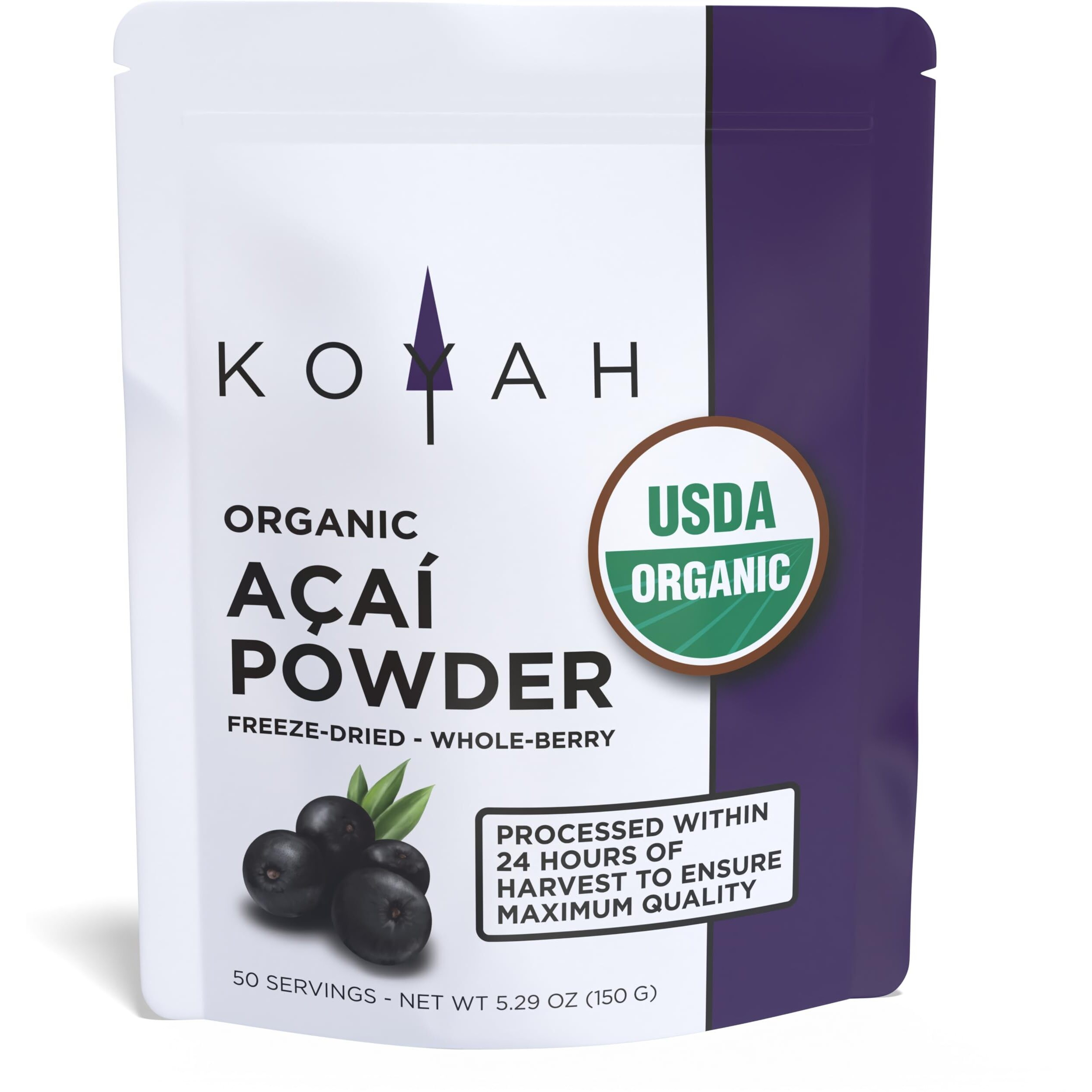 Koyah - Organic Acai Powder (150G - 50 Servings) Brazil Grown, Freeze-Dried, 100% Pure, No Citric Acid Added, Great In Smoothies And Bowls