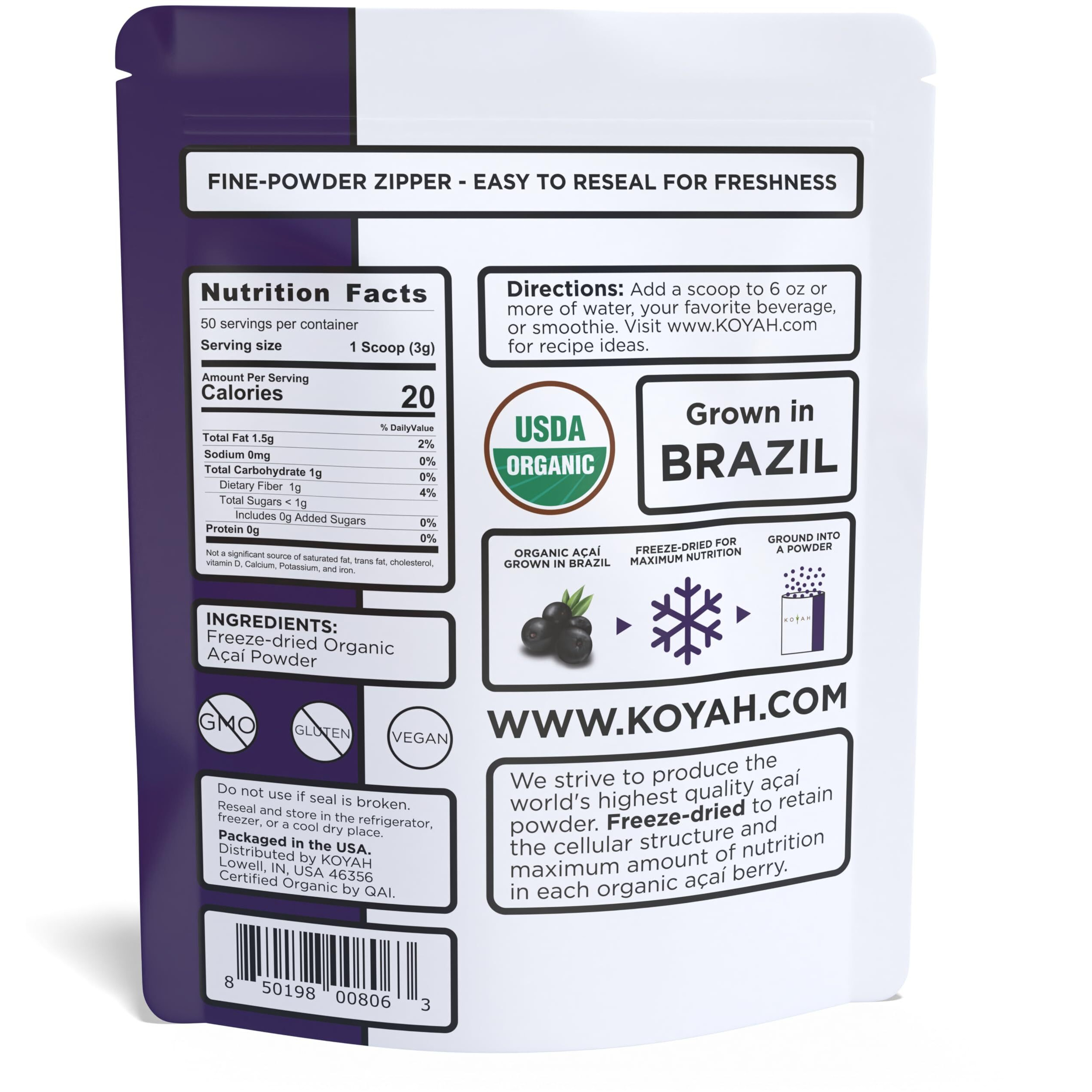 Koyah - Organic Acai Powder (150G - 50 Servings) Brazil Grown, Freeze-Dried, 100% Pure, No Citric Acid Added, Great In Smoothies And Bowls