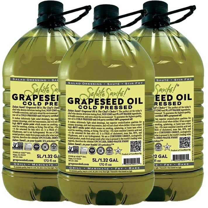 Cold Pressed Grapeseed Oil By Salute Sante High Temperature Cooking, Healthy Grape Seed Oil, Non-Gmo And Kosher For Salad Dressings, Marinades And Dips, Vegan, 5 Liter, 3 Pack