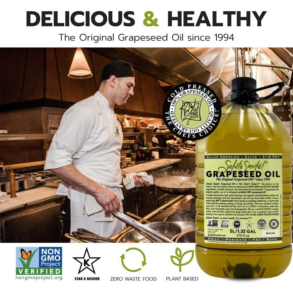 Cold Pressed Grapeseed Oil By Salute Sante High Temperature Cooking, Healthy Grape Seed Oil, Non-Gmo And Kosher For Salad Dressings, Marinades And Dips, Vegan, 5 Liter, 3 Pack