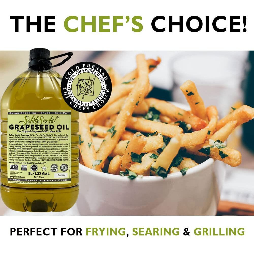 Cold Pressed Grapeseed Oil By Salute Sante High Temperature Cooking, Healthy Grape Seed Oil, Non-Gmo And Kosher For Salad Dressings, Marinades And Dips, Vegan, 5 Liter, 3 Pack