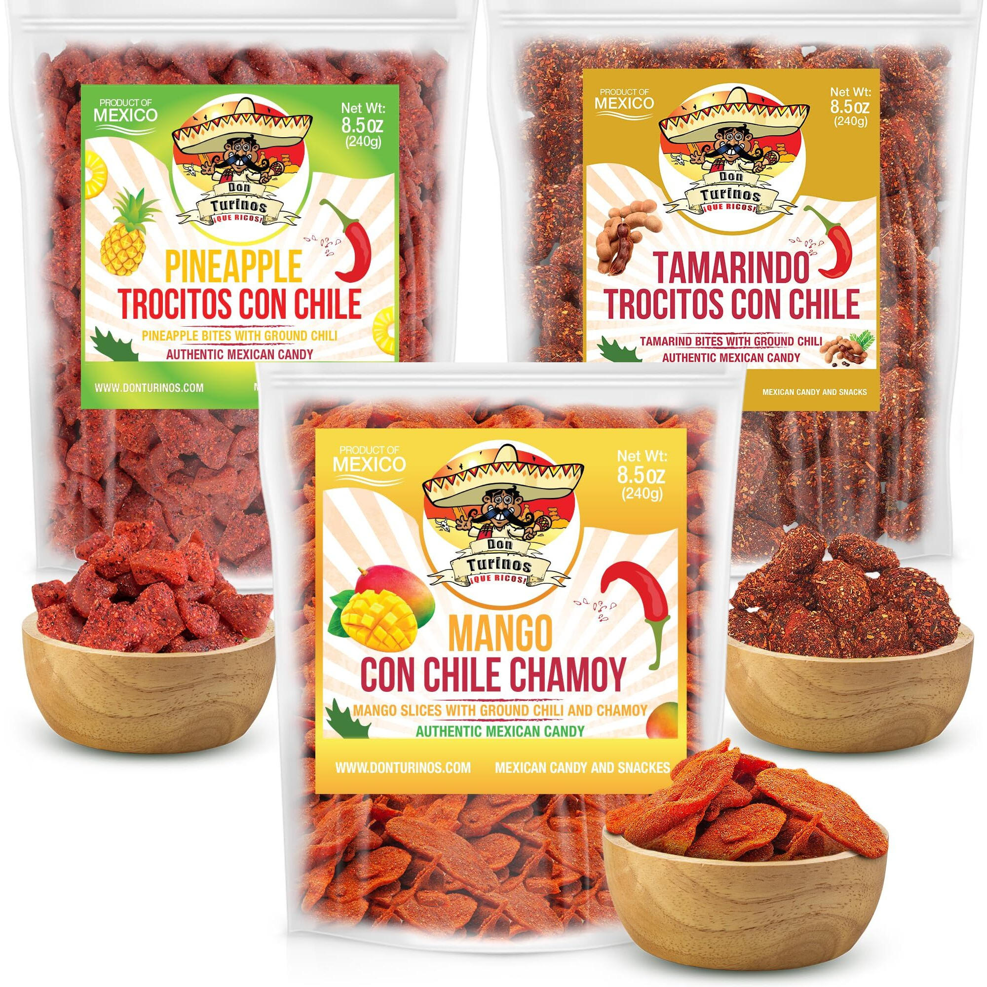 Mexican Fruit Candy 3-Pack, Dulces Mexicanos, Mango Chamoy, Pineapple Chile, And Tamarind Chile, Sweet And Spicy Candies Assortment By Don Turinos