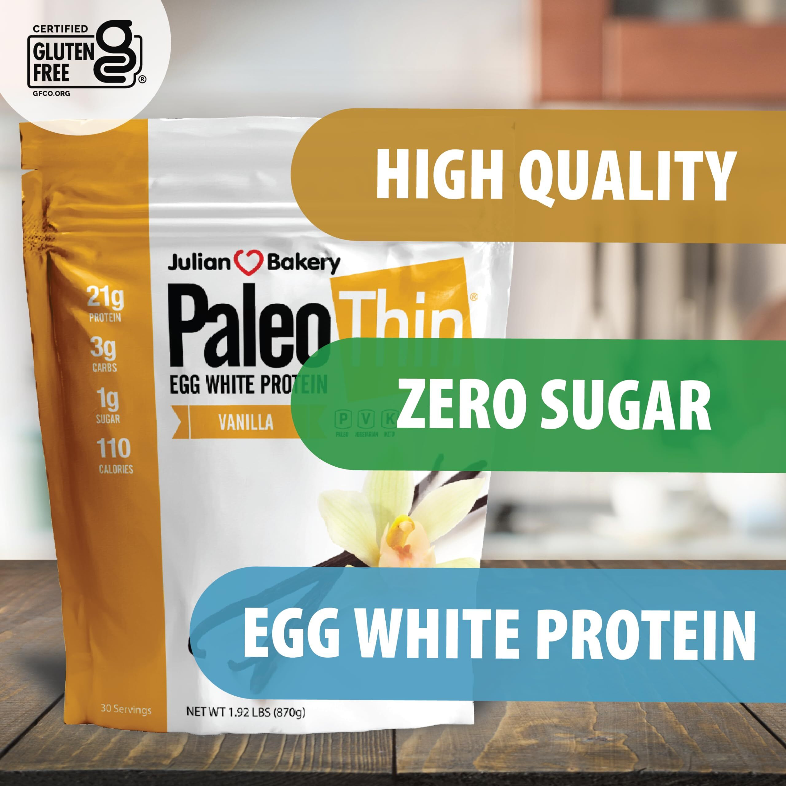 Julian Bakery Paleo Thin Protein Powder | Vanilla | Egg White | 21G Protein | 3 Net Carbs | Soy-Free | 1.92 Lbs | 30 Servings