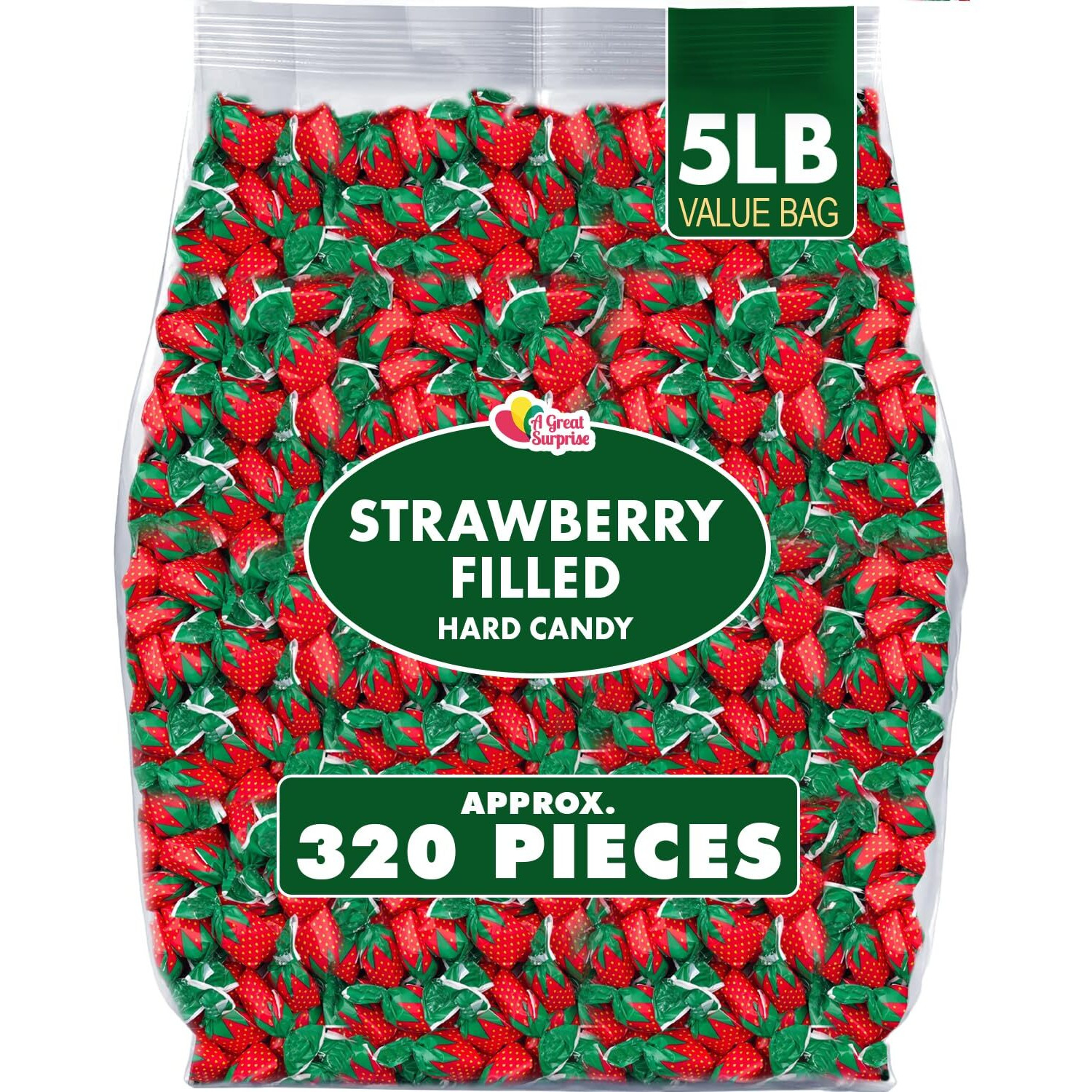 Strawberry Hard Candy - 5 Pounds - Strawberry Bon Bons - Strawberry Filled Hard Candies - Red And Green Candy - Classic Hard Candy