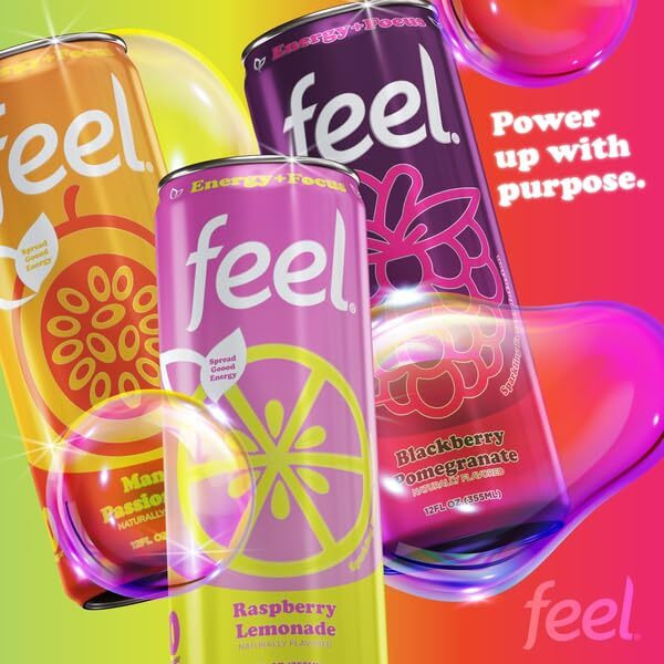 Feel Zero Sugar Natural Energy Drinks, Sparkling Variety Pack - Healthy Energy Drinks, L-Theanine For Focus, Vitamin C, Caffeine From Green Coffee Beans, 12 Fl Oz (Pack Of 12)