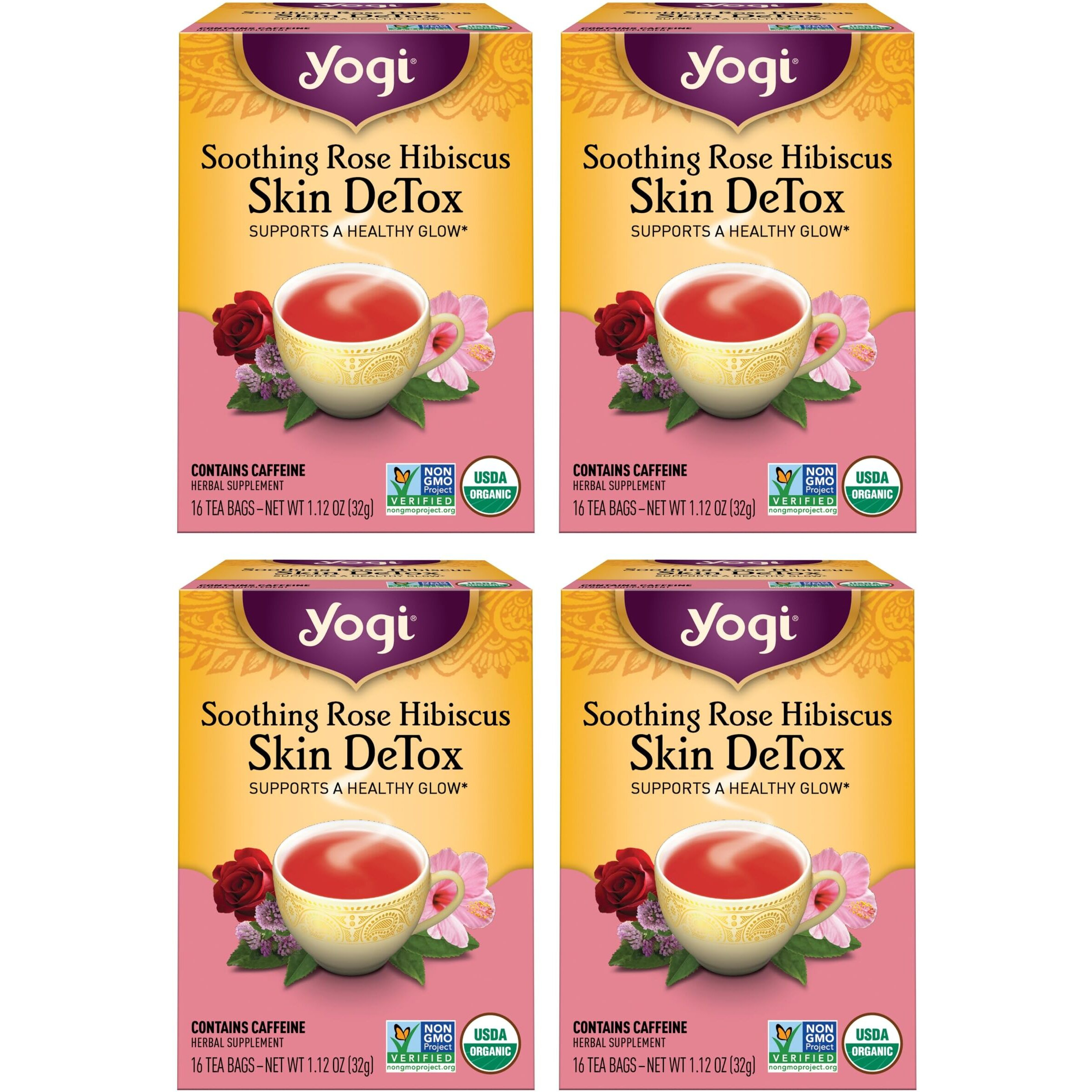 Yogi Tea Soothing Rose Hibiscus Skin Detox Tea - 16 Tea Bags Per Pack (4 Packs) - Organic Detox Tea To Support Skin Health - Includes Green Tea Leaf, Rose Petal, Honeybush Leaf, Hibiscus & More