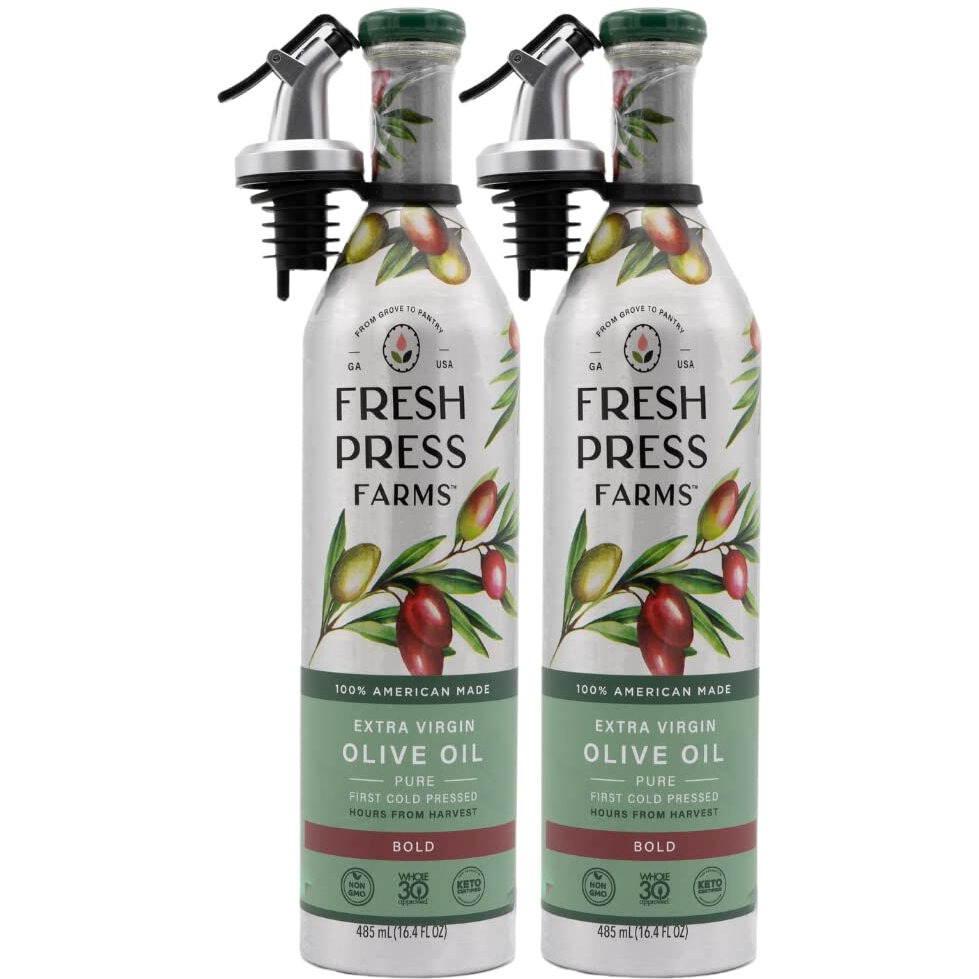 Fresh Press Farms Cold Pressed Bold Extra Virgin Olive Oil, 16.4 Fl Oz (Pack Of 2), Georgia Grown, 100% American Made, Unrefined, Certified Whole30, Non-Gmo, Keto, Paleo, Gluten Free
