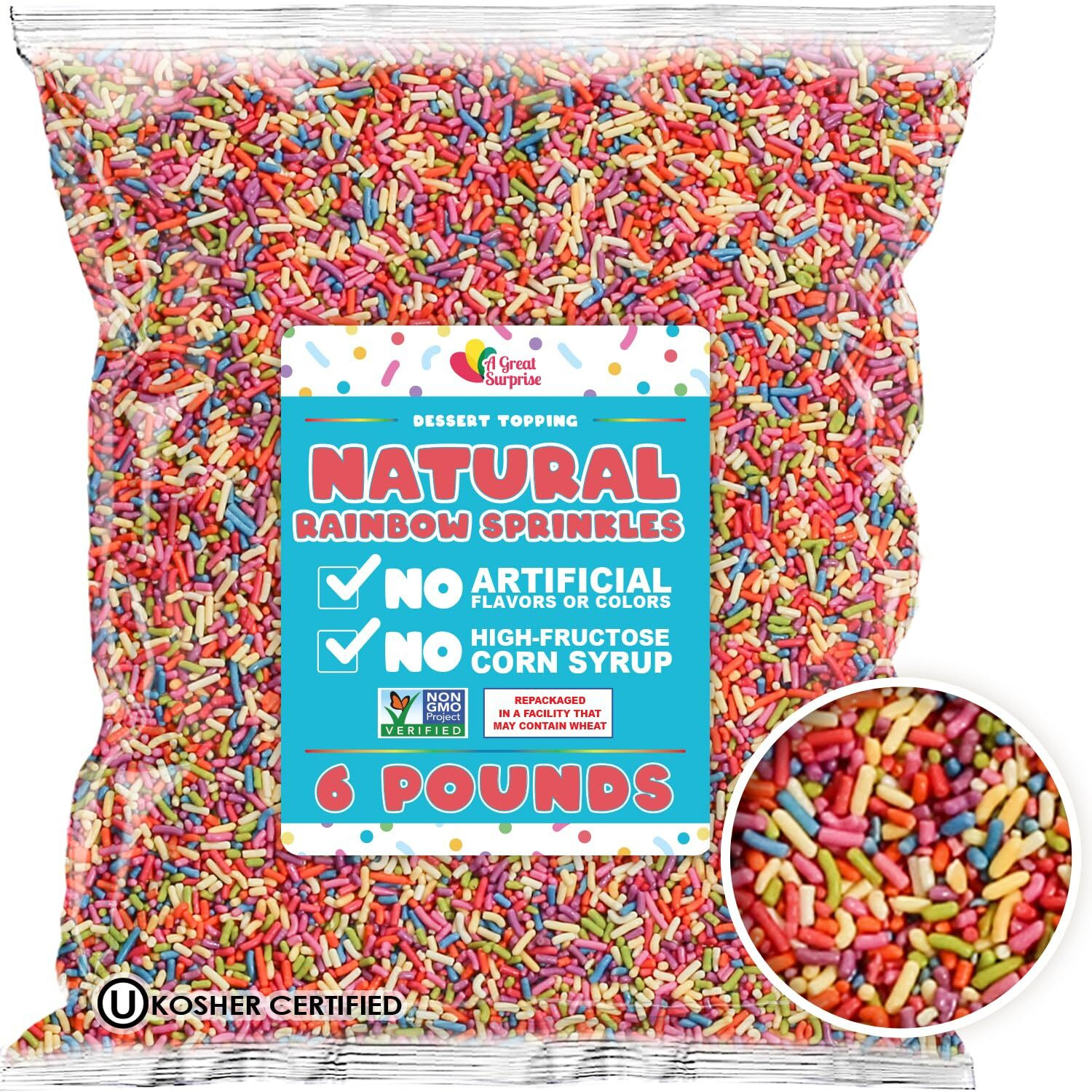 Bulk Sprinkles Dye Free - 6 Pounds - All Natural Sprinkles - Rainbow Sprinkle Mix - Bulk Jimmies, Topping For Cakes, Cookies, Ice-Cream