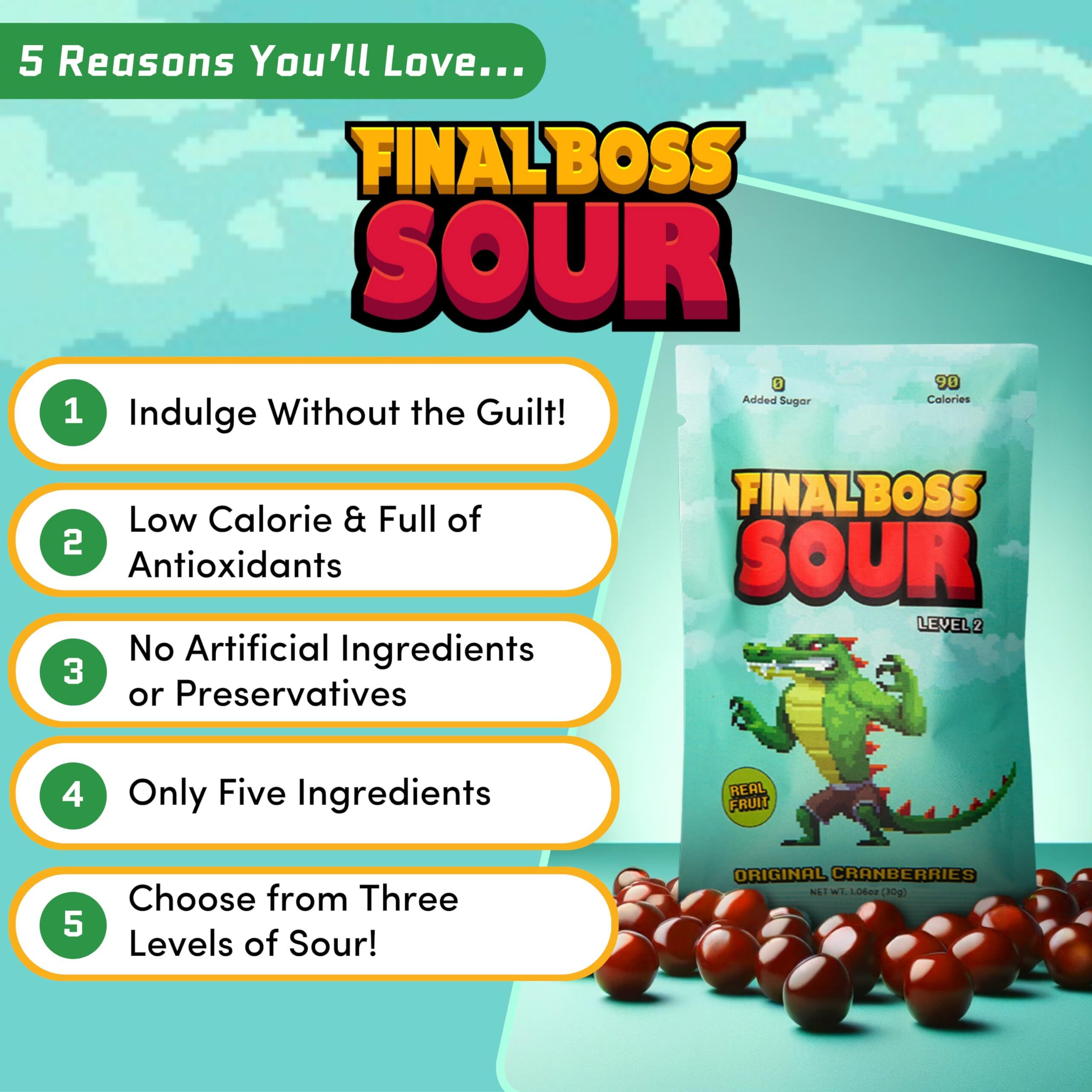 Final Boss Extremely Super Sour Candy, Natural Chewy Cranberry Gummies Made With Dried Fruit, Free Of Artificial Colors, Low Calorie Healthy Snack For Kids & Adults, 1.06Oz, 10 Pack (Lvl 2 Sourness)