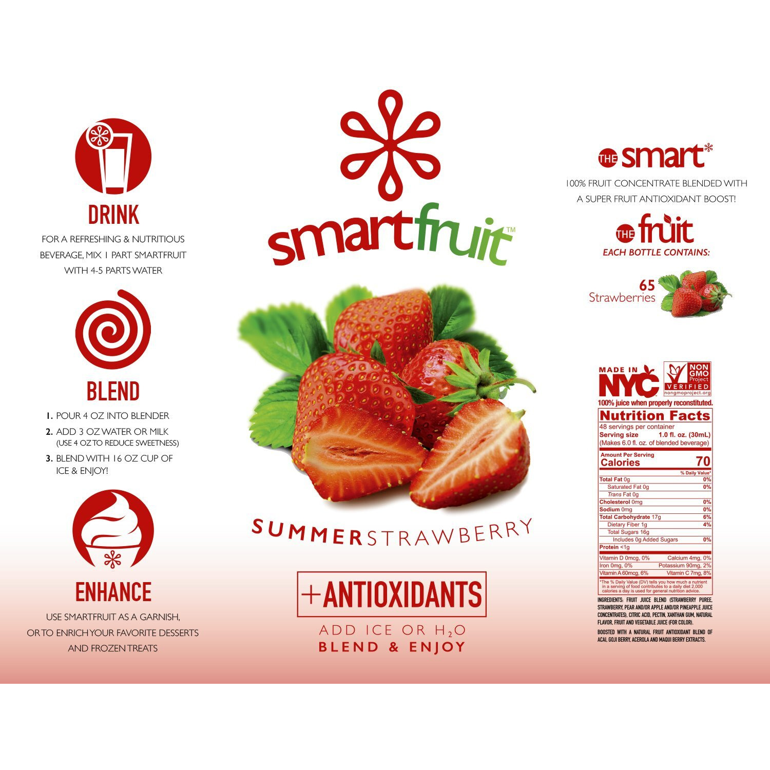 Smartfruit Summer Strawberry + Antioxidants, 100% Real Fruit Pur  E, Non-Gmo, No Additives, Vegan - 48 Fl. Oz - 2 Pack