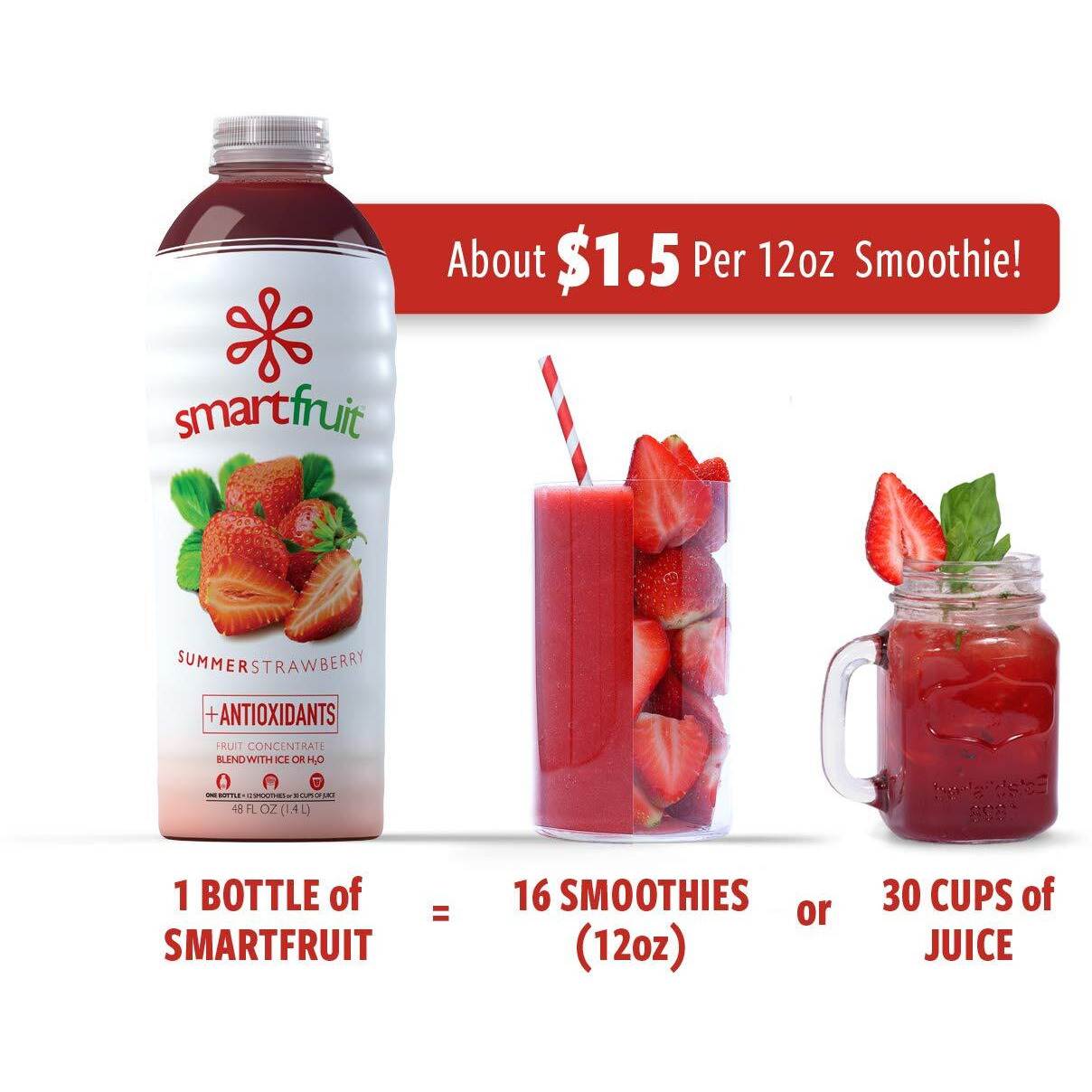 Smartfruit Summer Strawberry + Antioxidants, 100% Real Fruit Pur  E, Non-Gmo, No Additives, Vegan - 48 Fl. Oz - 2 Pack