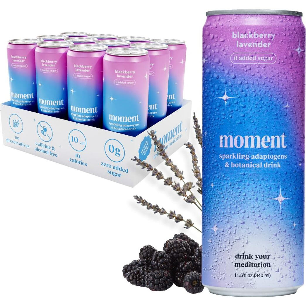 Moment Adaptogen Drink (Shark Tank) | Blackberry Lavender Sparkling Soda | Flavored Sparkling Water | L-Theanine, Ashwagandha For Calm | Sugar Free Drinks, 0 Caffeine, 0 Alcohol | 12-Pack