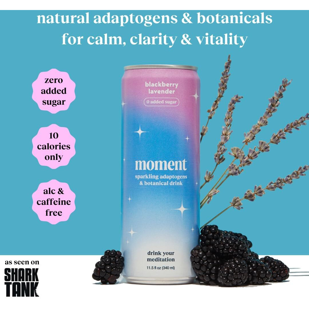 Moment Adaptogen Drink (Shark Tank) | Blackberry Lavender Sparkling Soda | Flavored Sparkling Water | L-Theanine, Ashwagandha For Calm | Sugar Free Drinks, 0 Caffeine, 0 Alcohol | 12-Pack